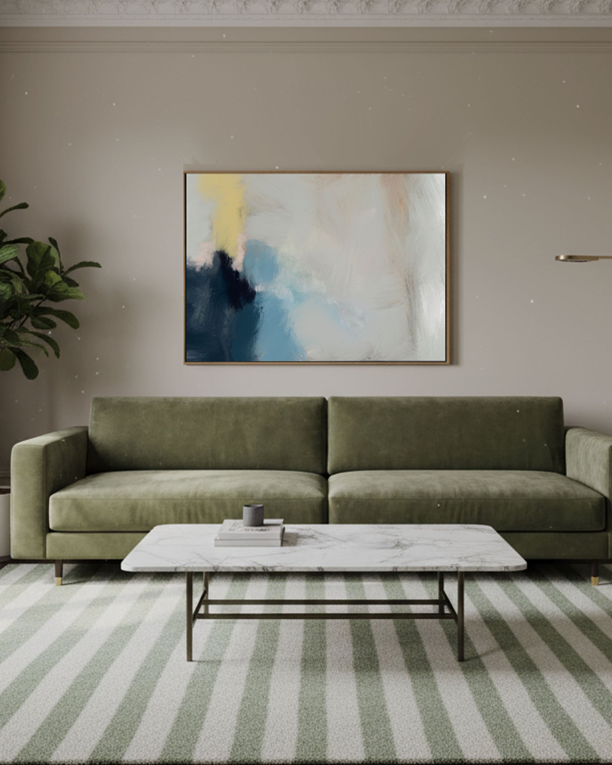 Modern living room with a green sofa, abstract painting, and striped rug.