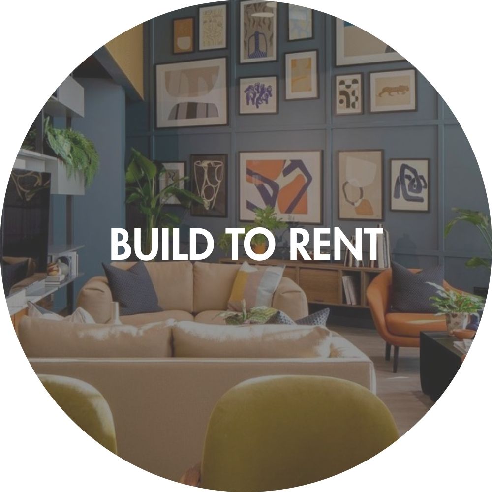 build to rent, purpose built student accommodation and housing for rental sector, modern framed wall art prints on wall in reception, Build To Rent text on image.