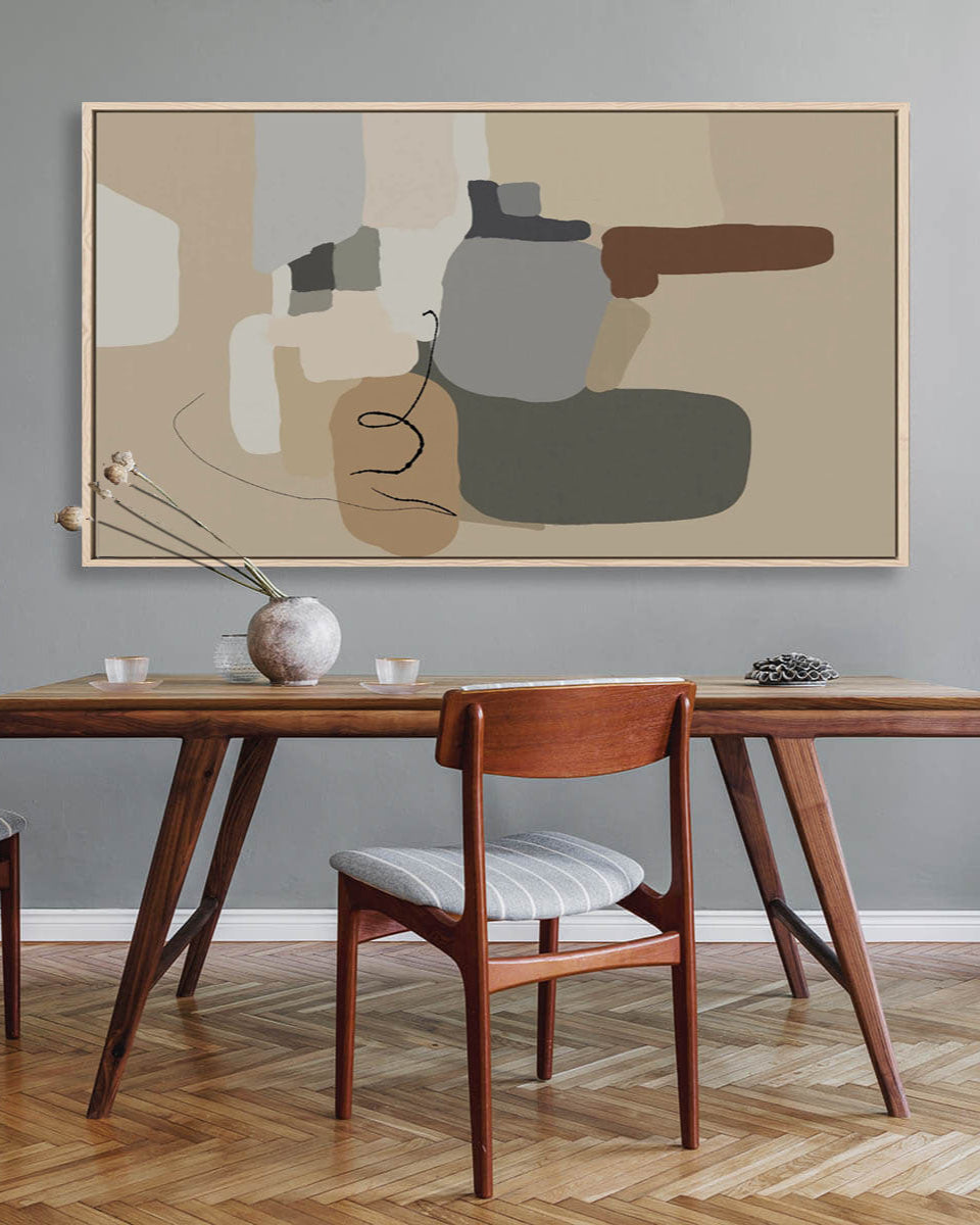 Dining room with wooden table and chairs, abstract painting on the wall.