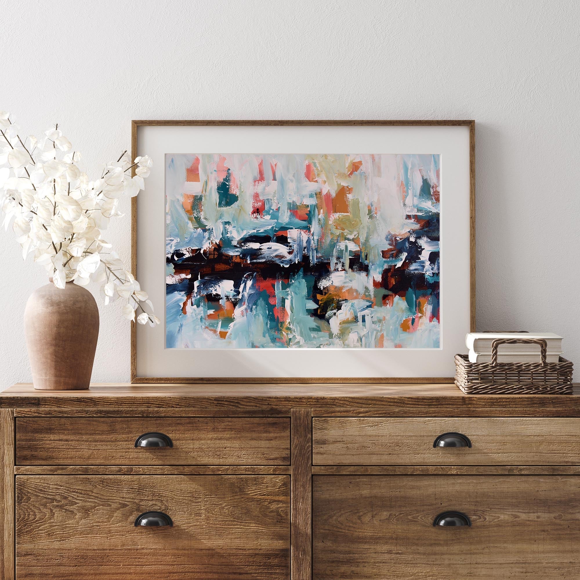 art for above the sideboard, shelfie art, modern abstract sunset fine art print, framed uk art