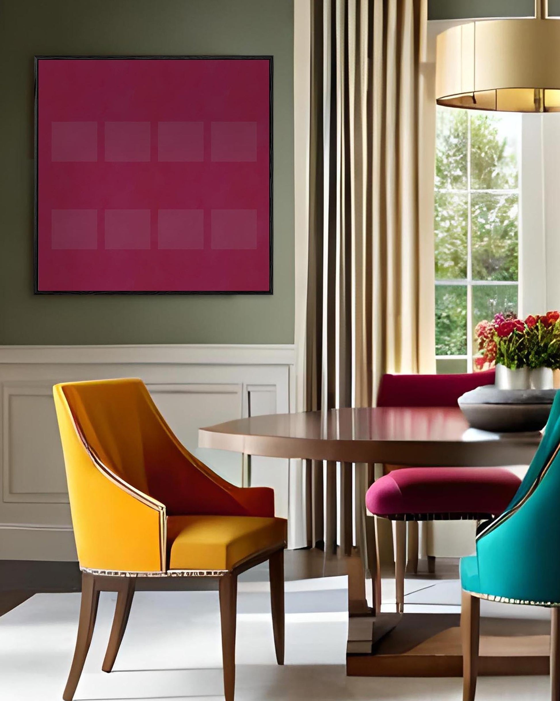 Modern dining room with colorful chairs and a pink abstract painting on the wall.