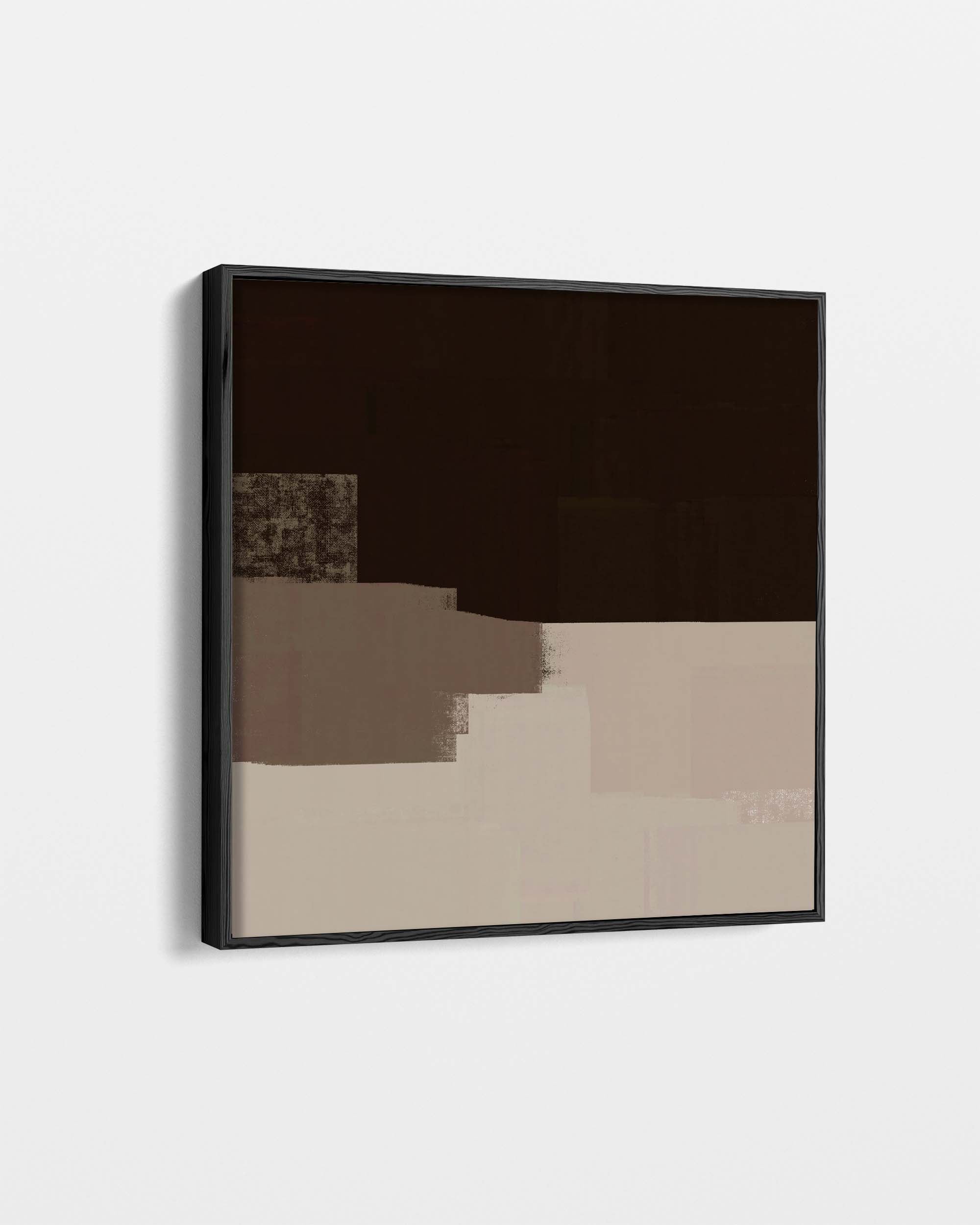 Abstract art piece with black, brown, and beige colors on a white background