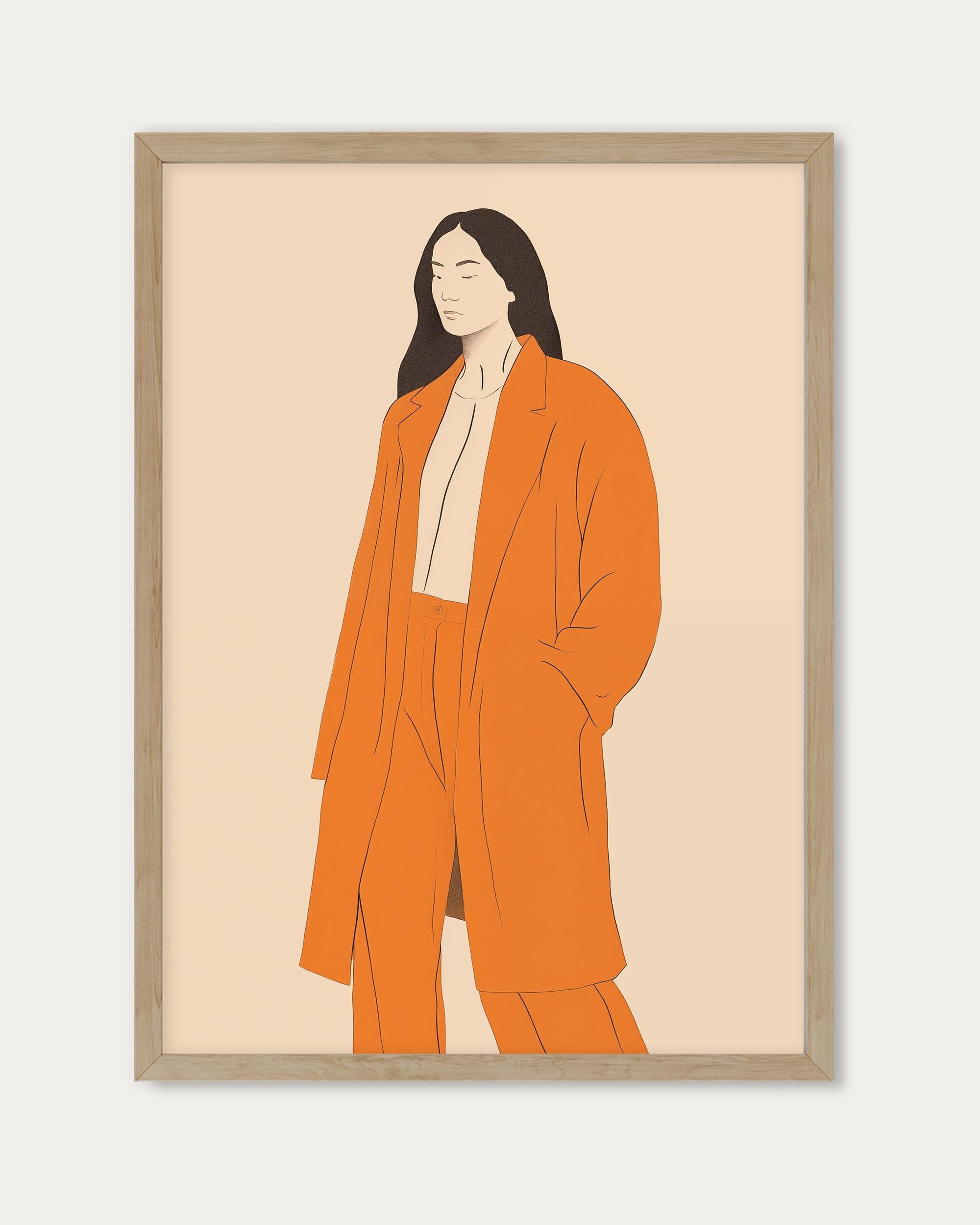 Modern wall art print of figurative woman wearing orange suit wall art print poster