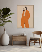 female figurative wall art print wearing orange suit jacket and trousers extra large wall art poster in scandinavian living room interior with danish hair sideboard vase and large fig tree plant