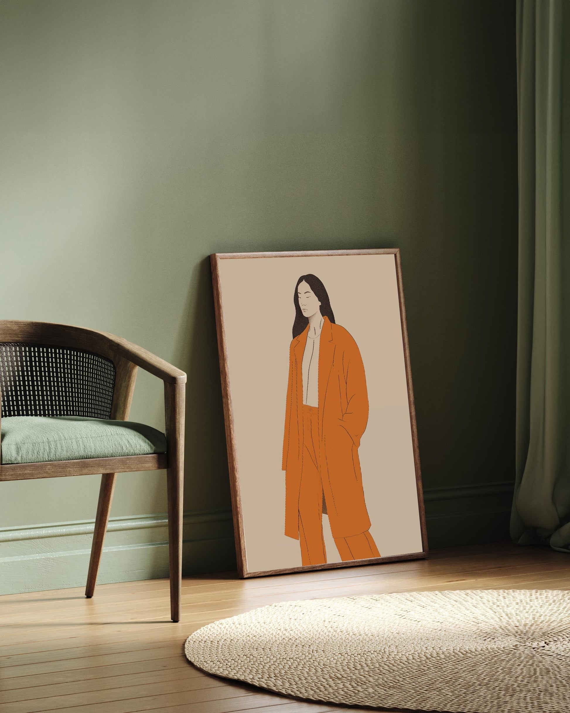 large cool art poster print of female figurative portrait in oak frame laying on living room wall green 02 lick paint with danish chair