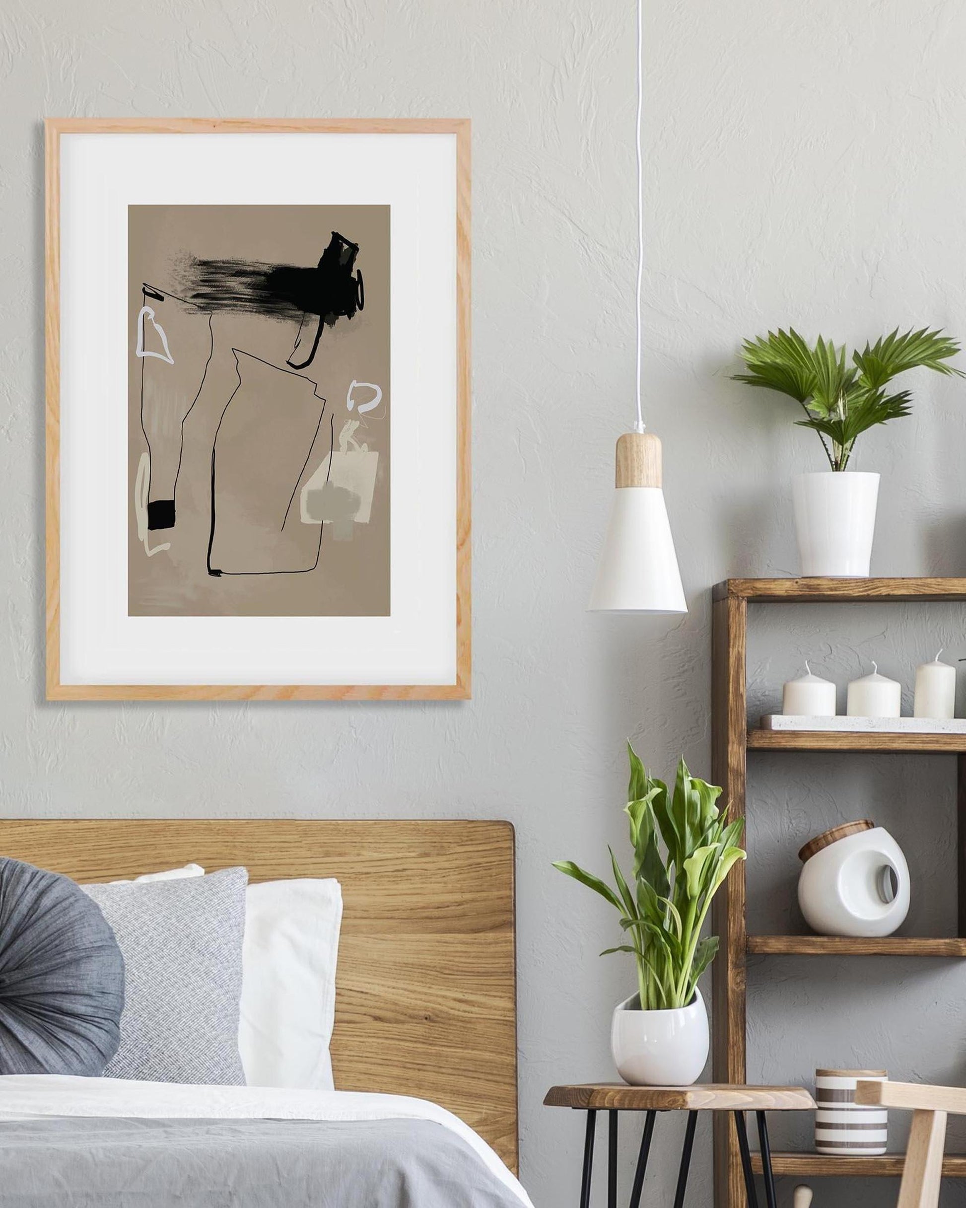 Modern bedroom with abstract art, plants, and a shelf.