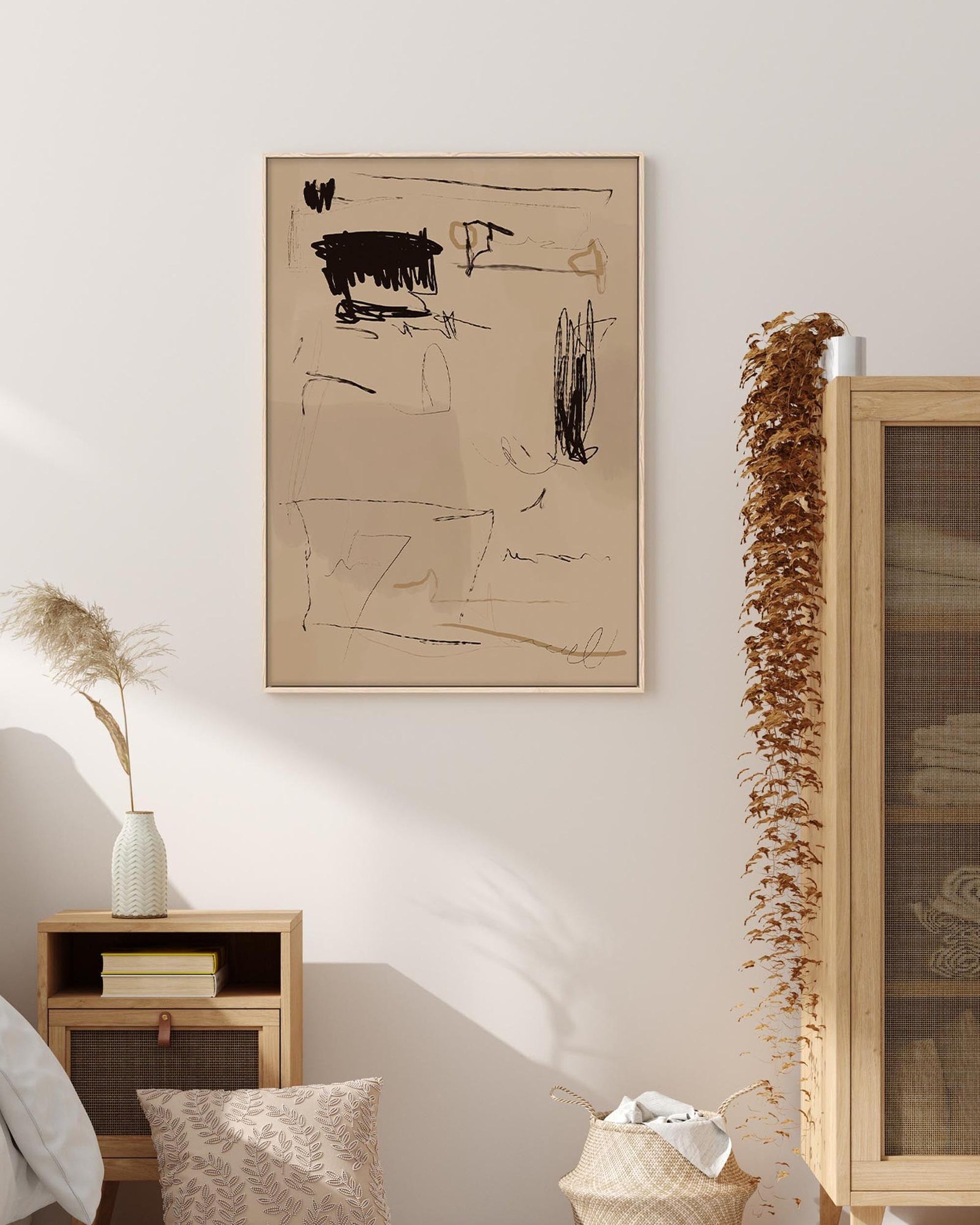 Modern bedroom with abstract art, wooden nightstand, and cabinet.