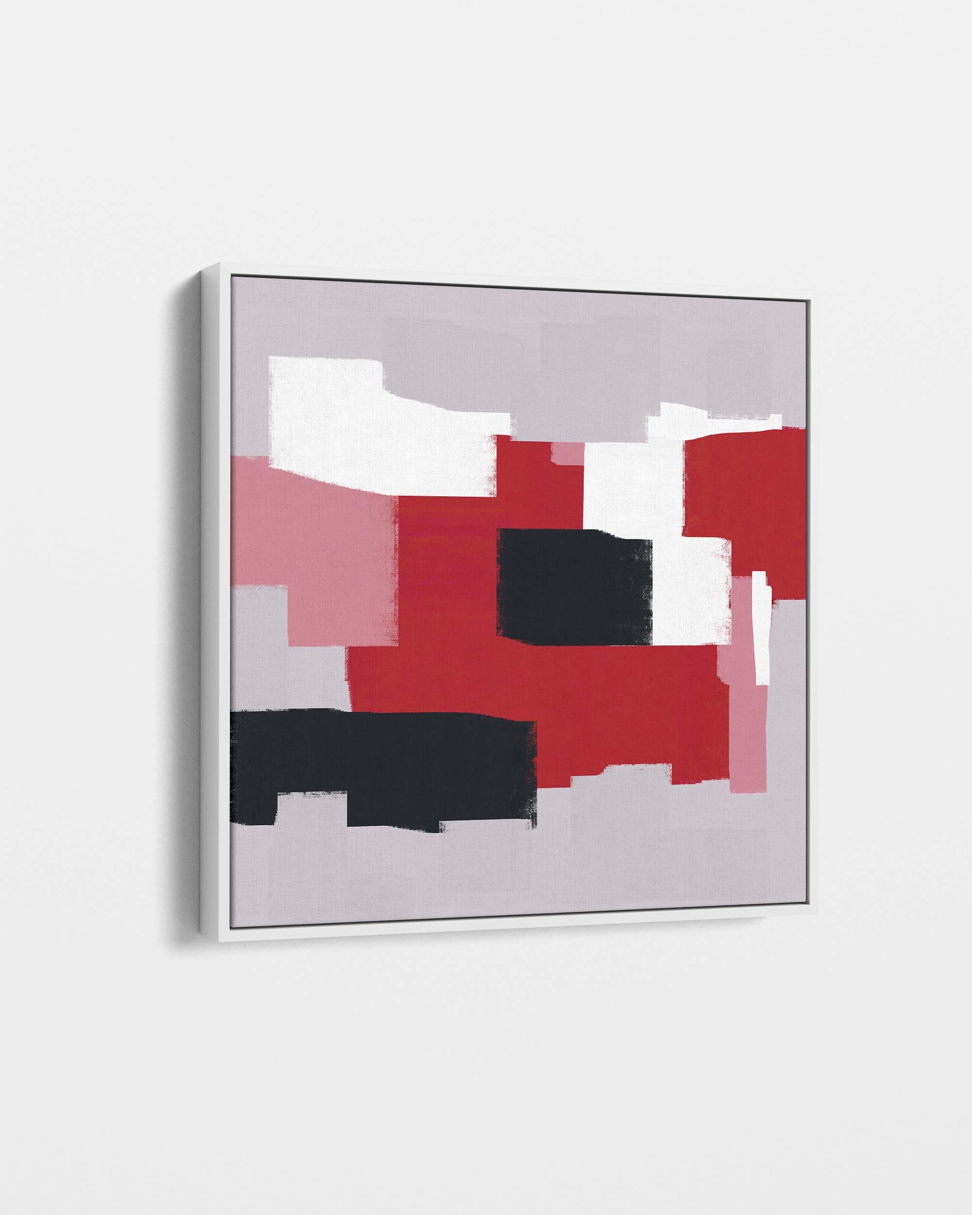 Abstract art piece with red, black, and pink shapes on a gray background