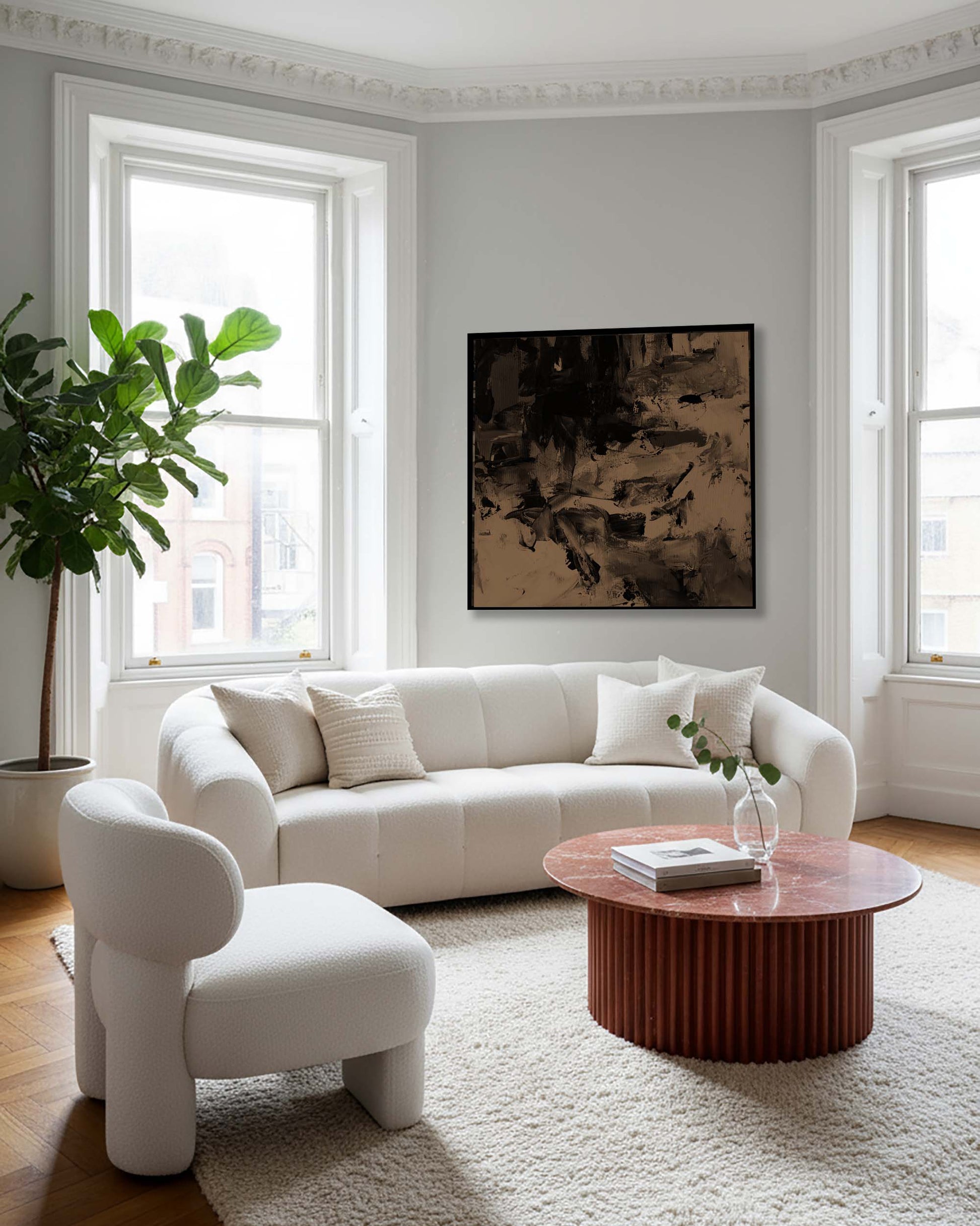 modern contemporary living room with large brown painting on wall and white boucle sofa with occasion chair and red marble table luxury