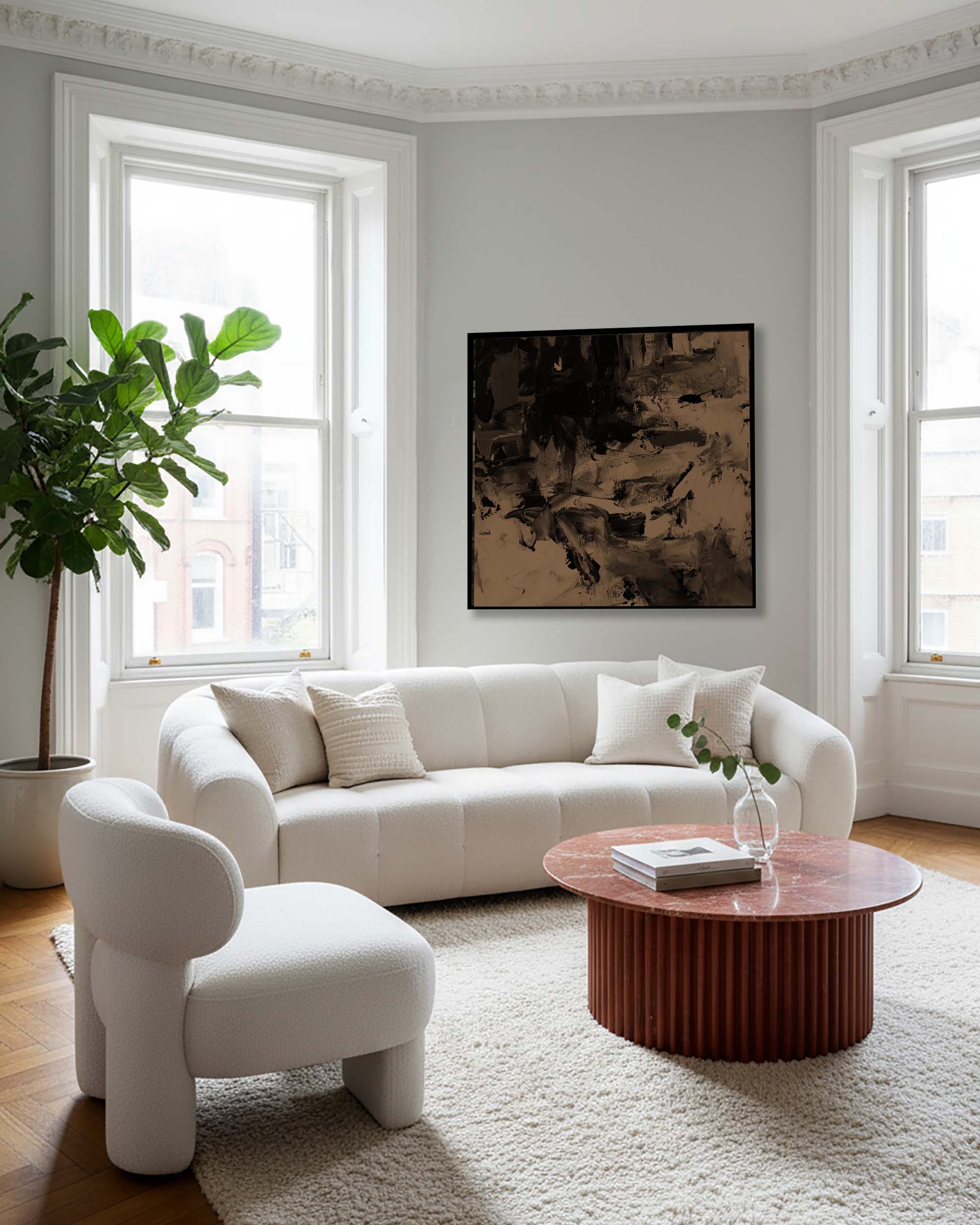 modern contemporary living room with large brown painting on wall and white boucle sofa with occasion chair and red marble table luxury