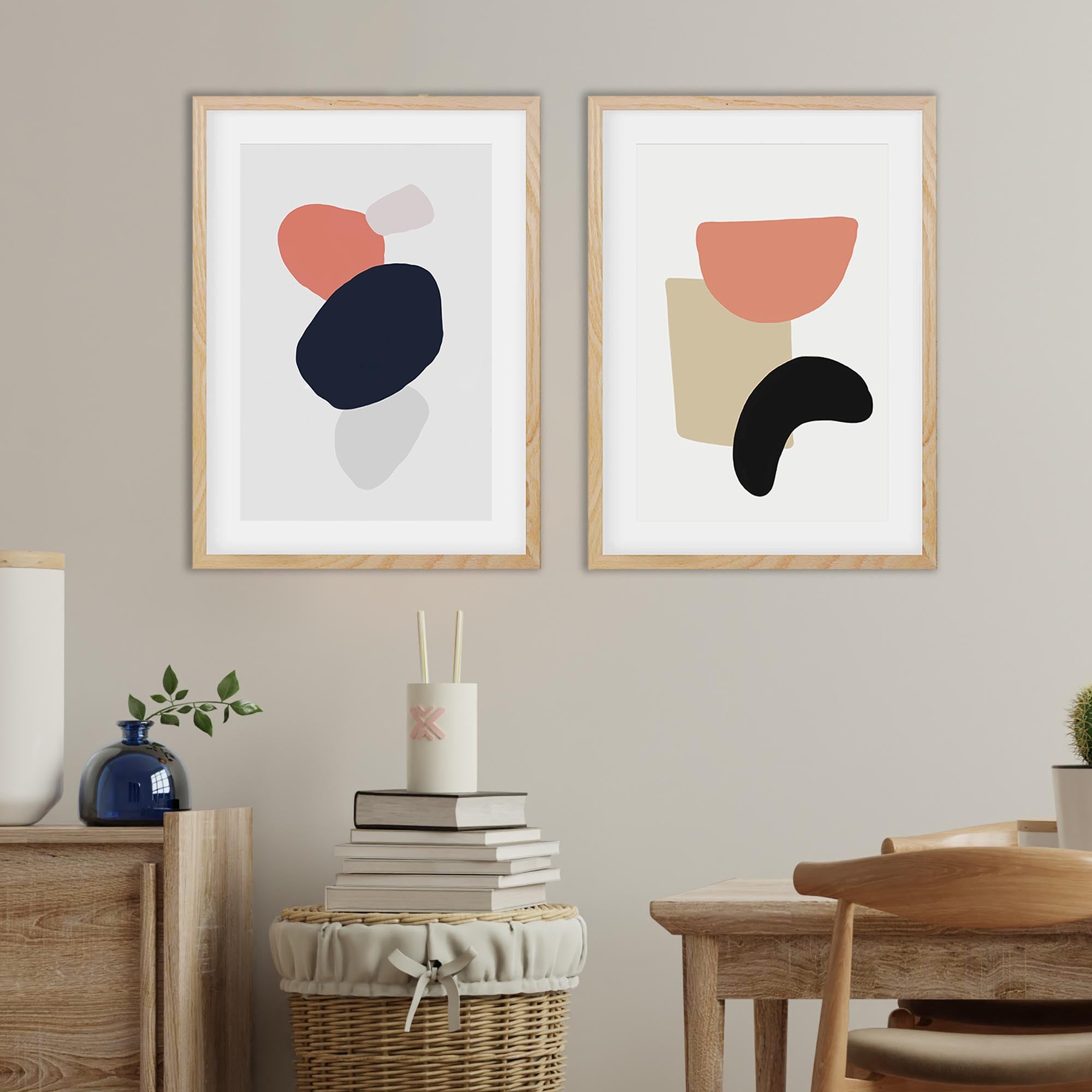 Coral And Black Abstract - Print Set Of 2-Abstract House