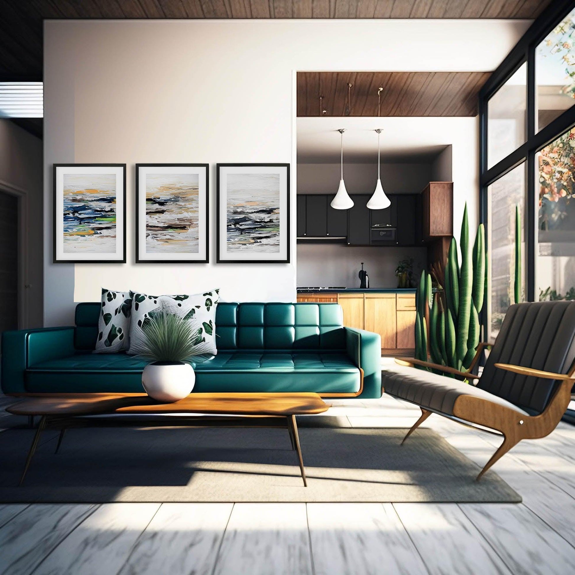 Modern living room with teal sofa, wooden coffee table, and abstract art on wall. Open plan living room and muted abstract wall art, autumn brown shades.