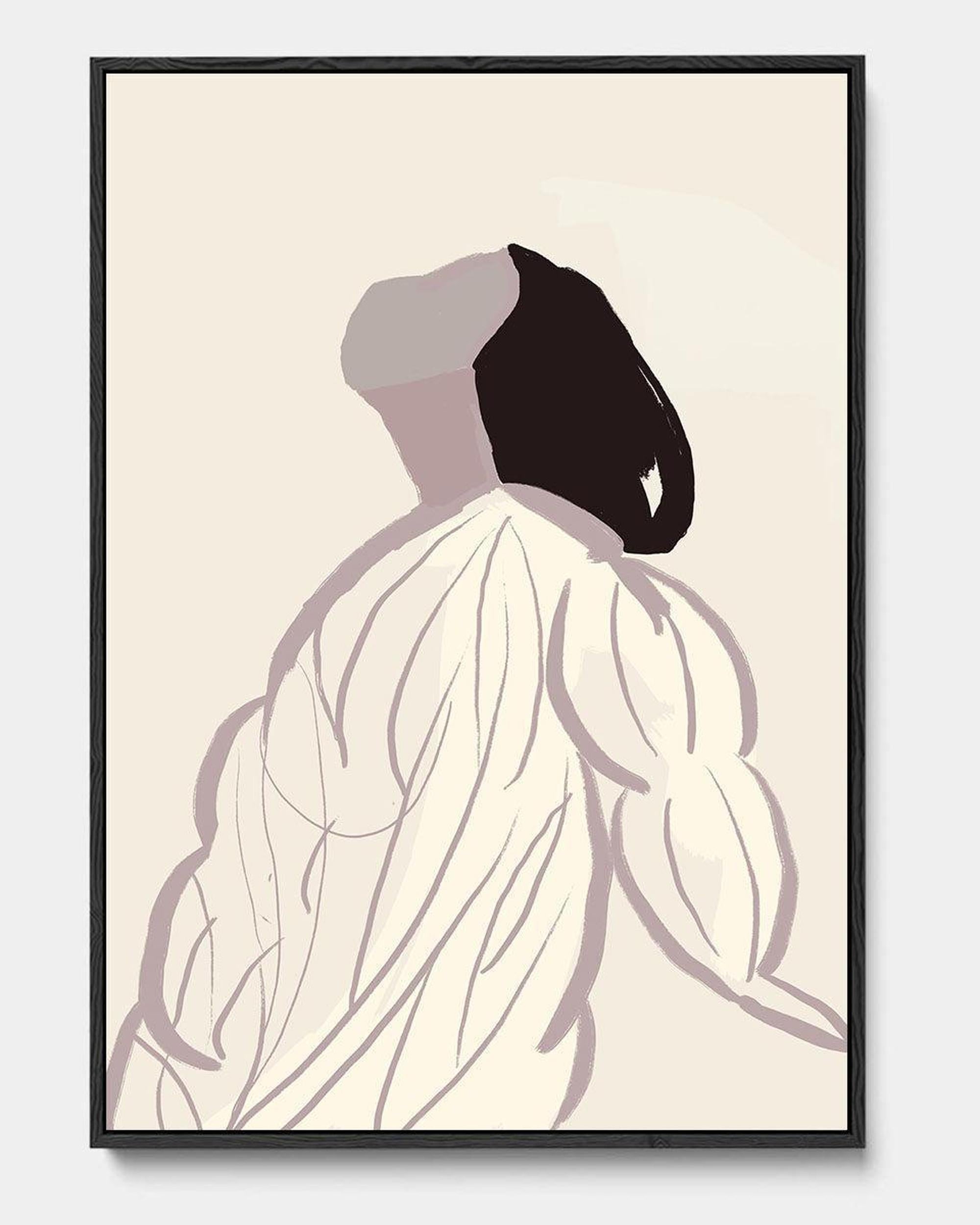 Framed abstract art print of a silhouette with a black shape on a beige background