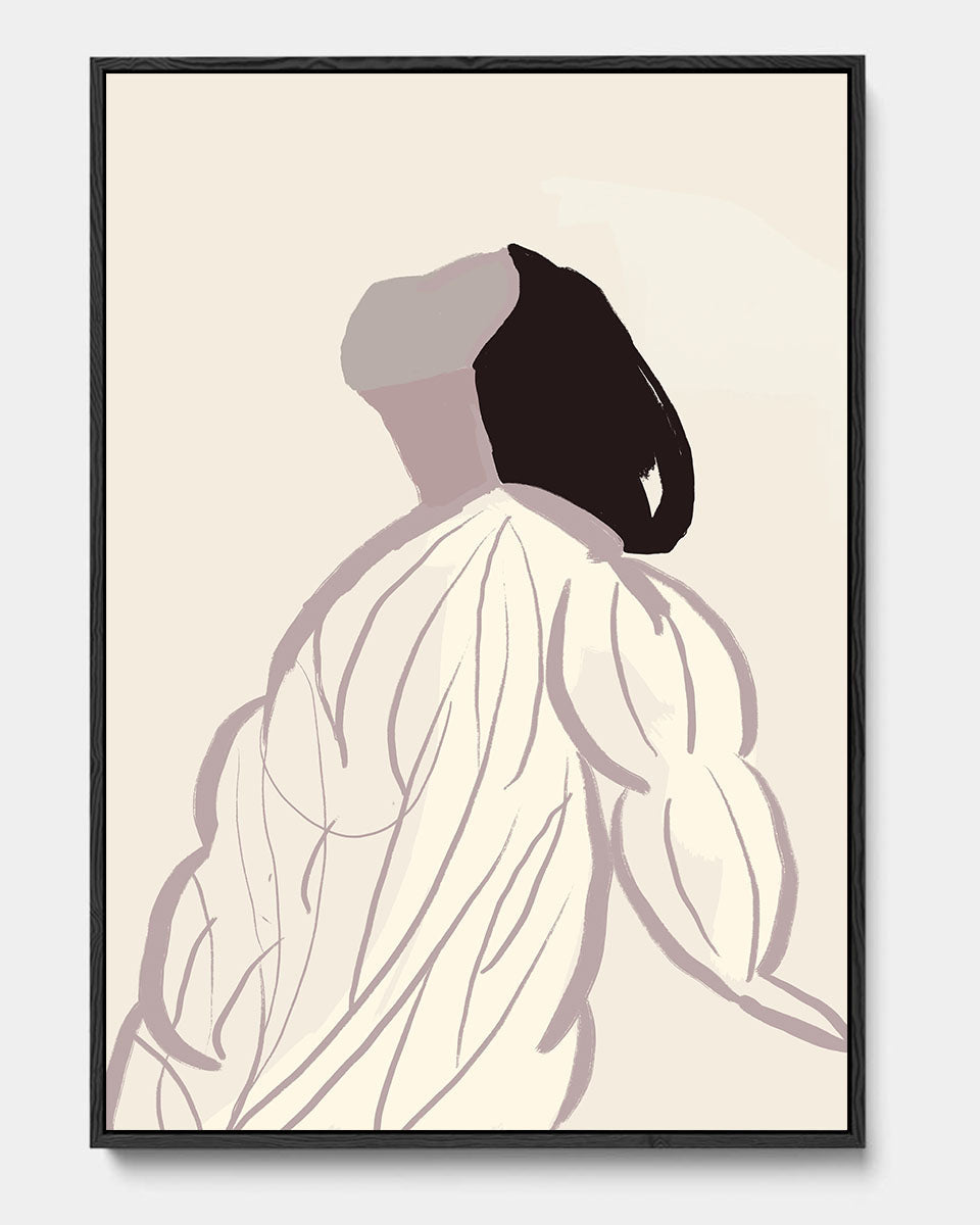 Framed abstract art print of a silhouette with a black shape on a beige background