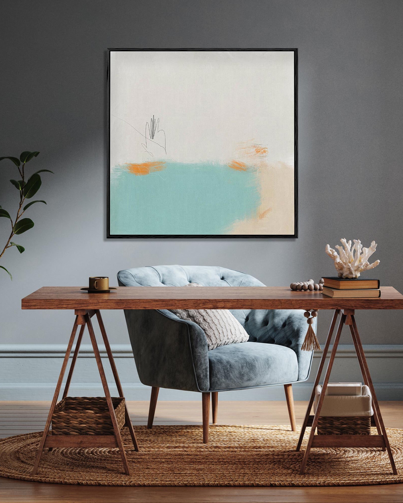 Modern interior with a wooden desk, gray chair, and abstract painting on a gray wall.