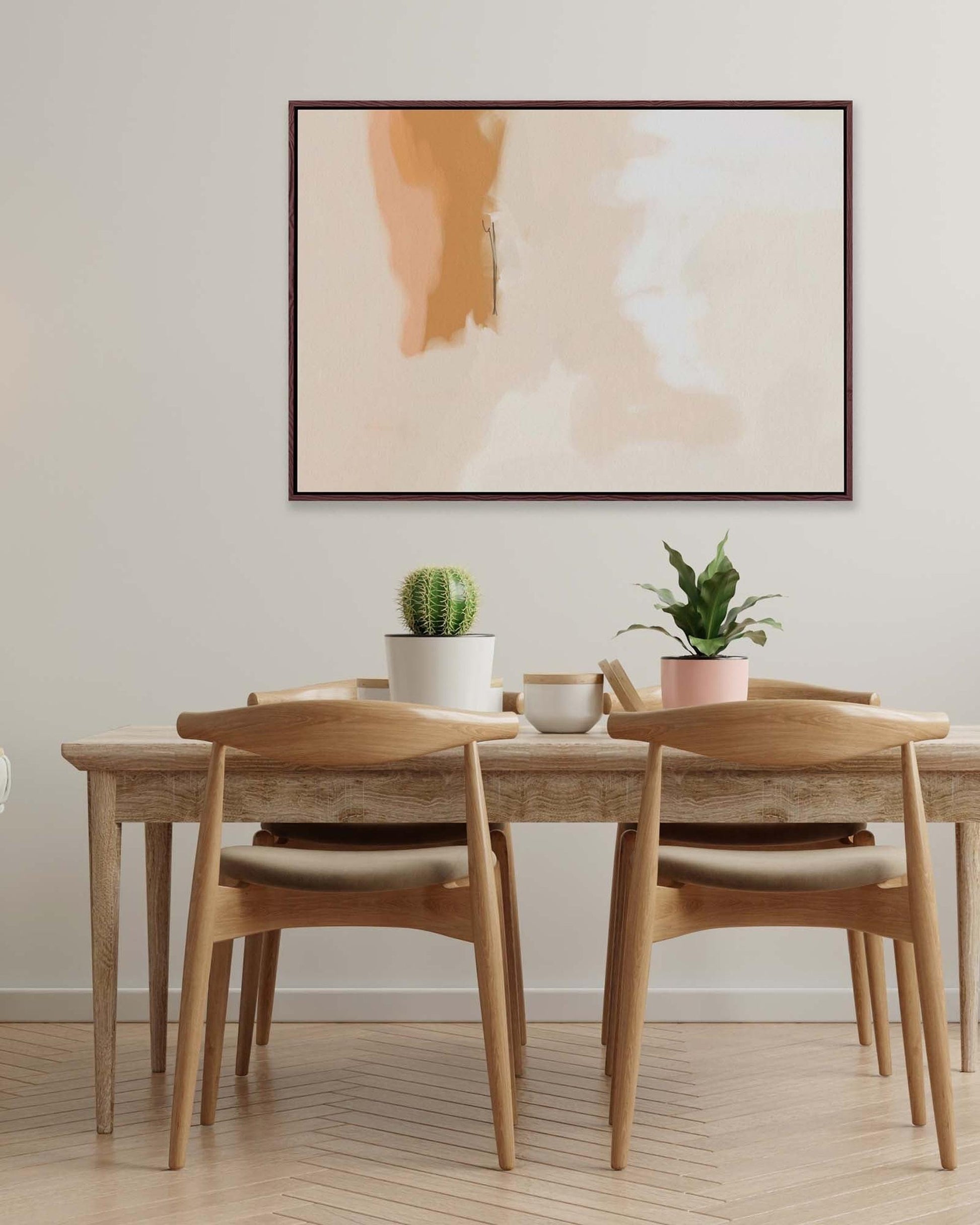 Dining area with wooden table and chairs, potted plants, and abstract art on the wall.