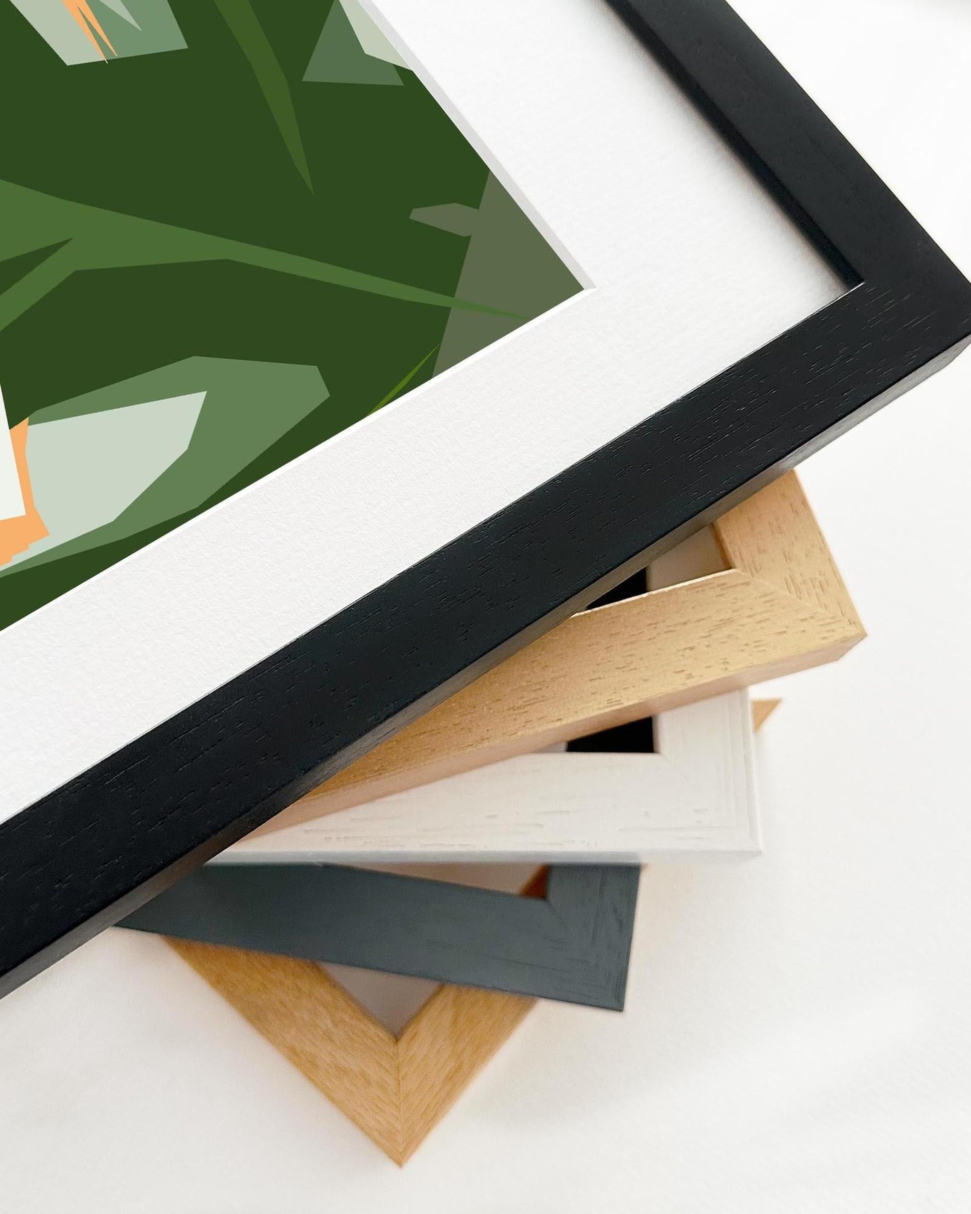 Framed artwork with a black border on a white background