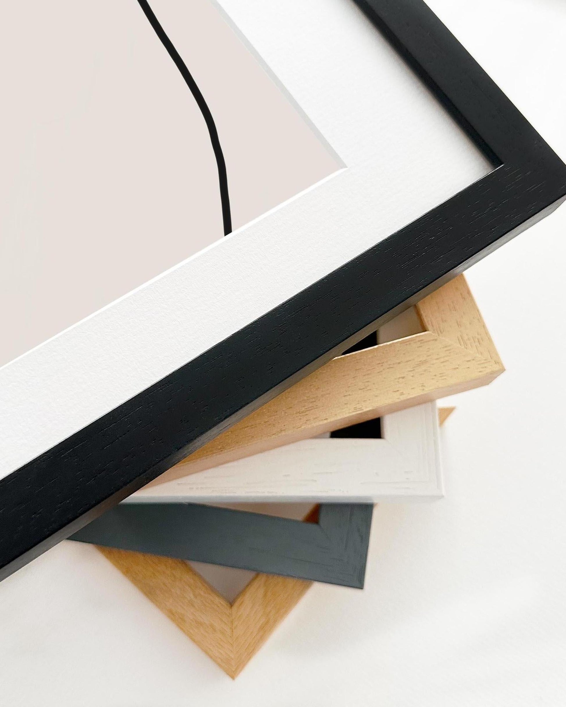 Collection of various wooden picture frames on a white background