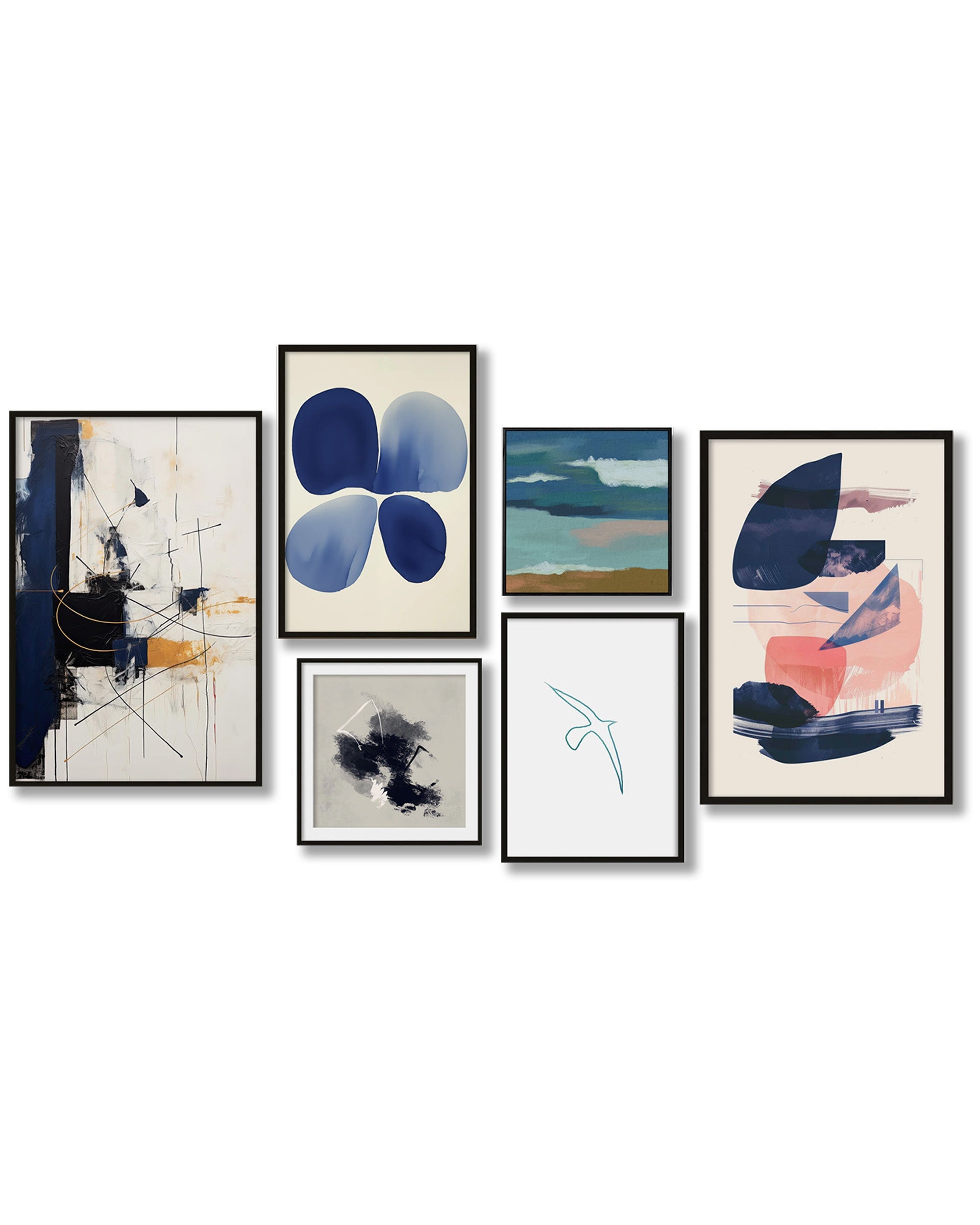 Set of six abstract art prints in various frames on a white background