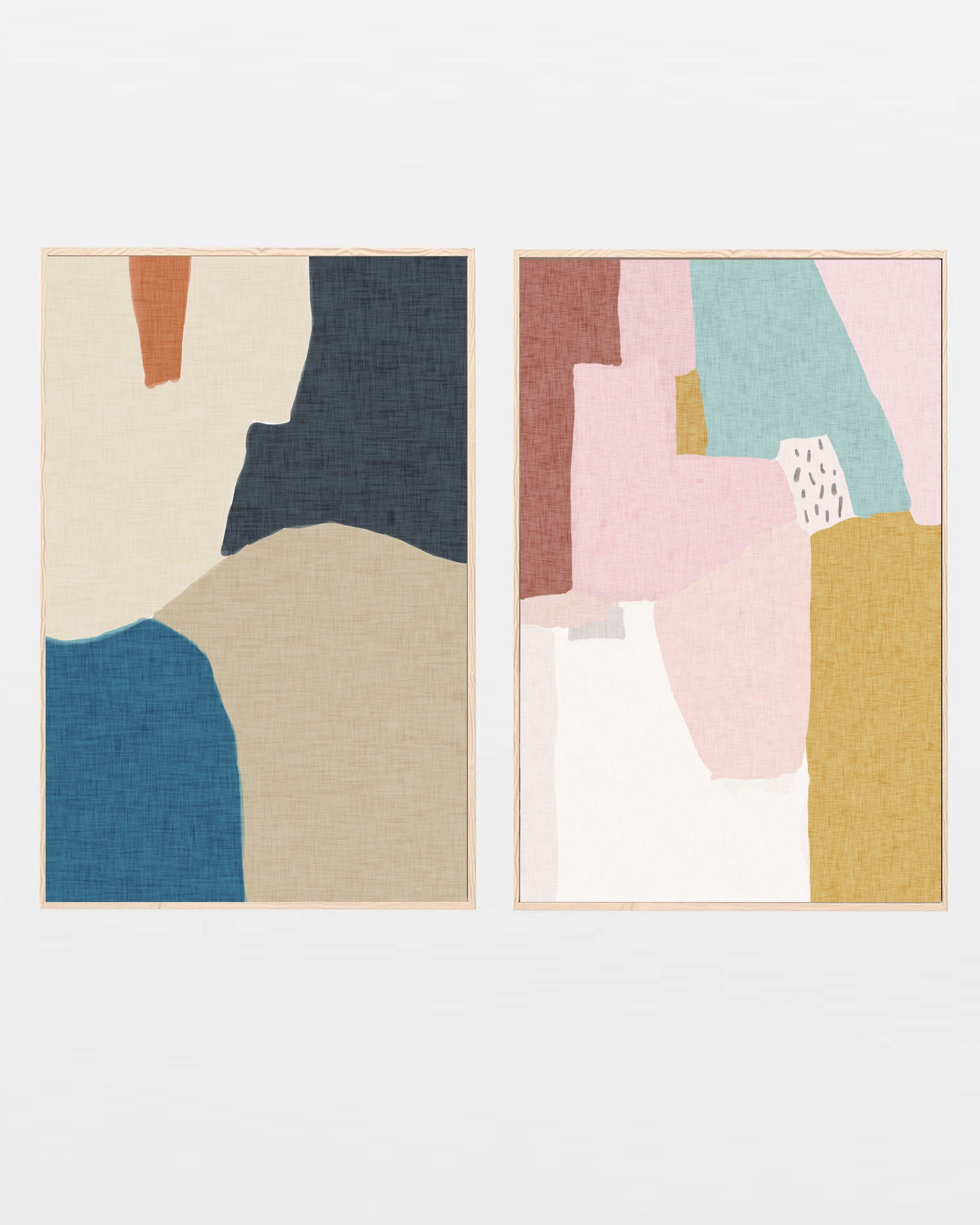 Two abstract art prints with geometric shapes in various colors on a light gray background.