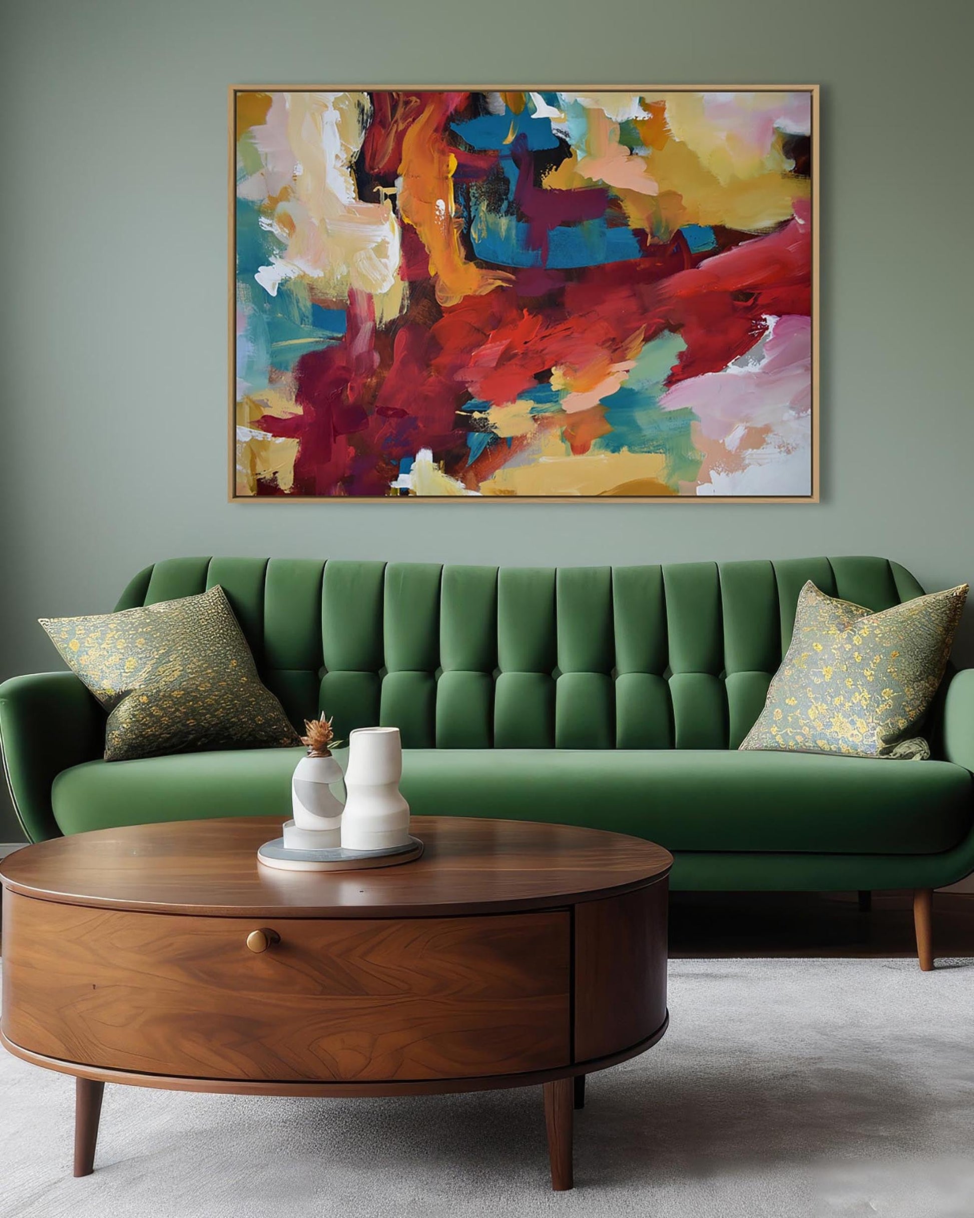 Living room with a green sofa, wooden coffee table, and colorful abstract painting on the wall.