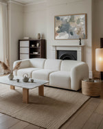 modern grey and neutral brown wall art in beige aesthetic living room with cream boucle sofa and marble table
