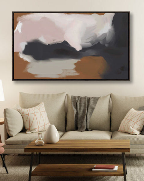 Living room with a beige sofa, wooden coffee table, and abstract painting on the wall.