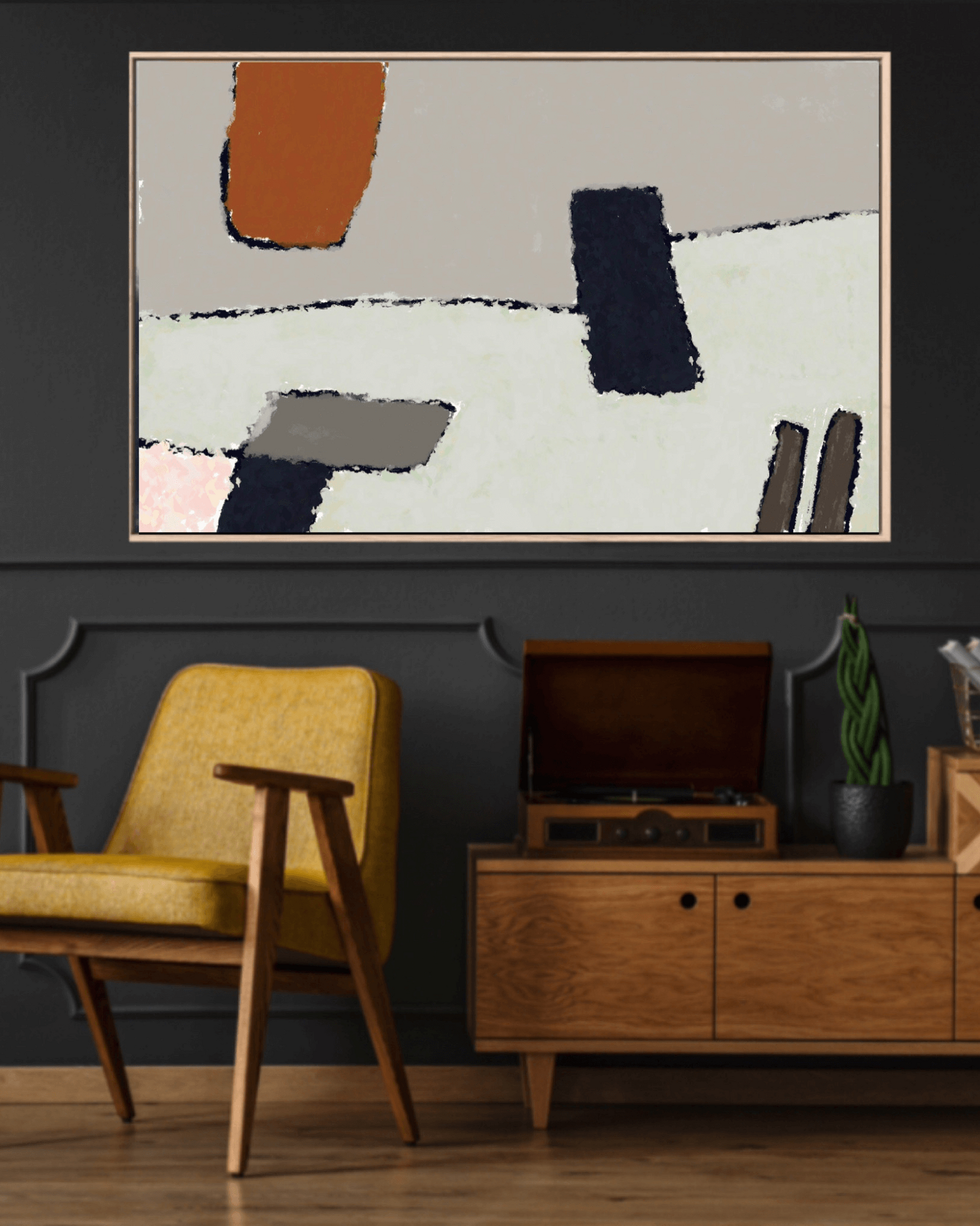 Abstract painting on a wall above a yellow armchair and wooden cabinet in a room.