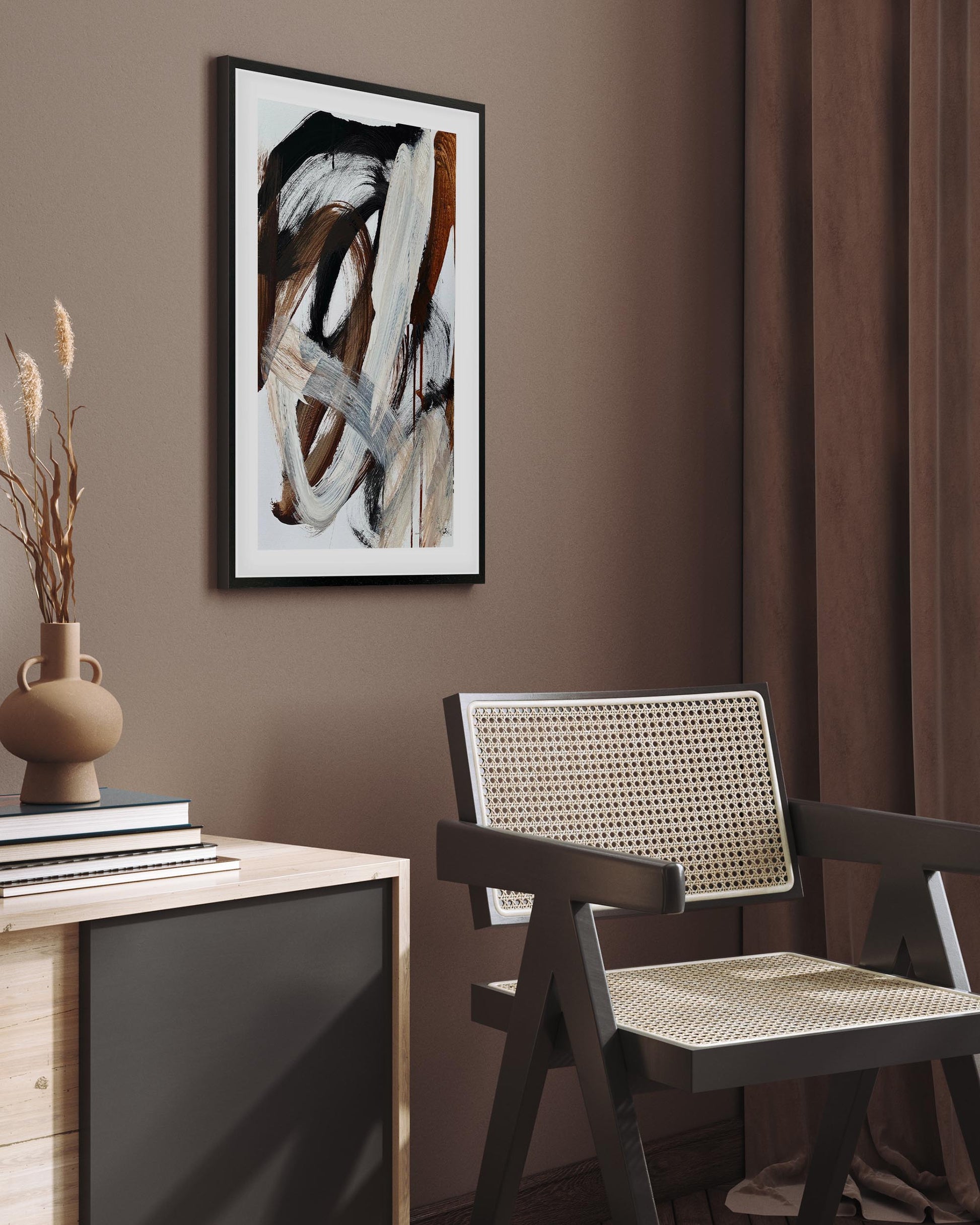 Modern interior with modern framed abstract art, TV stand, and luxury Scandinavian chair against a brown wall.