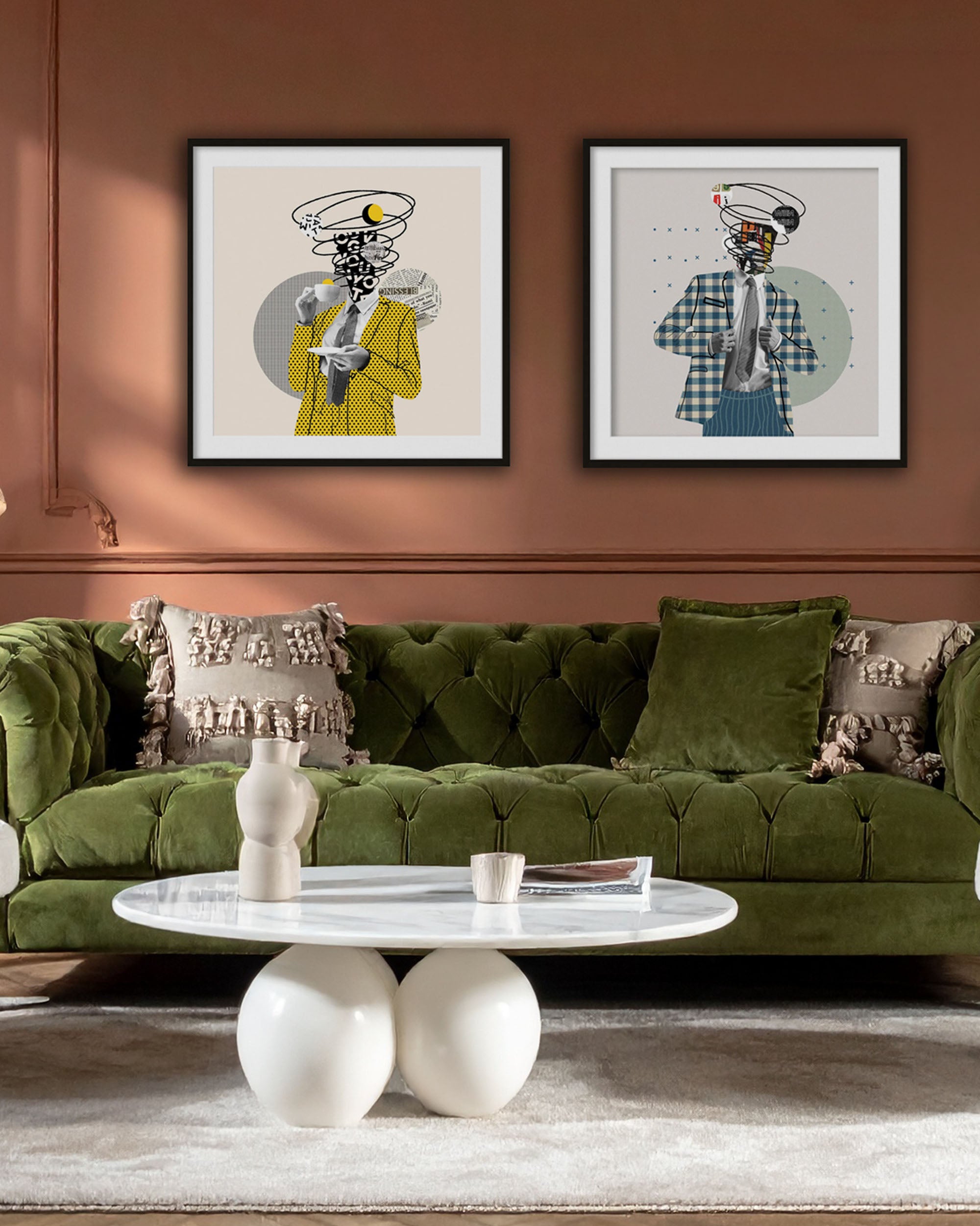 modern illustrative graphic wall art print, eclectic set framed art for living room