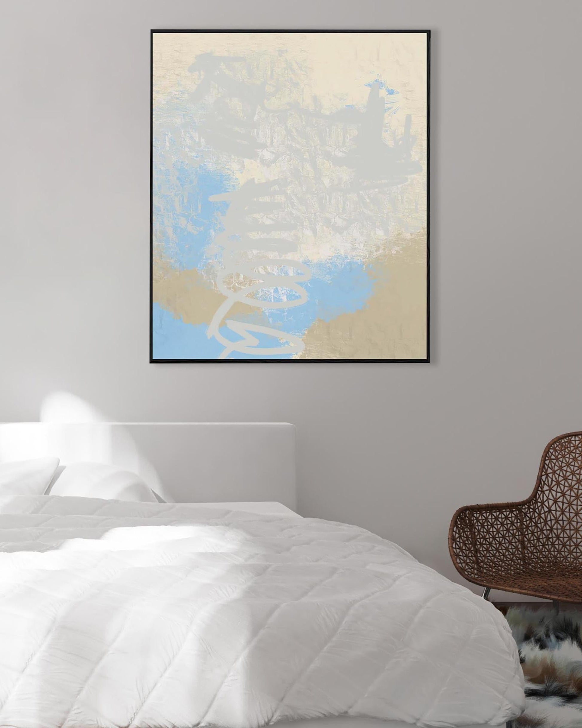 Abstract art print on a wall above a bed in a bedroom