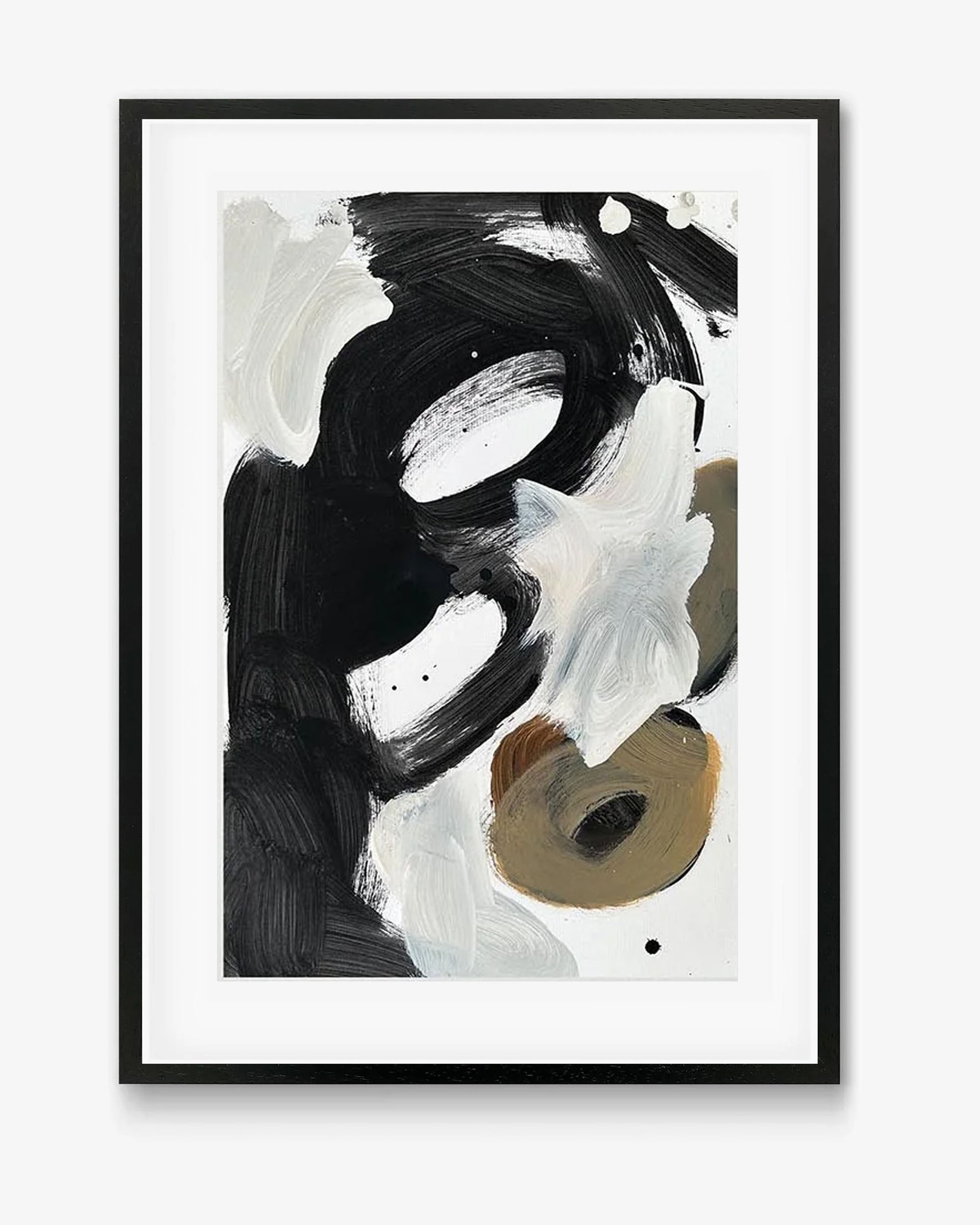 Abstract art print with black, white, and brown brush strokes in a black frame on a white background