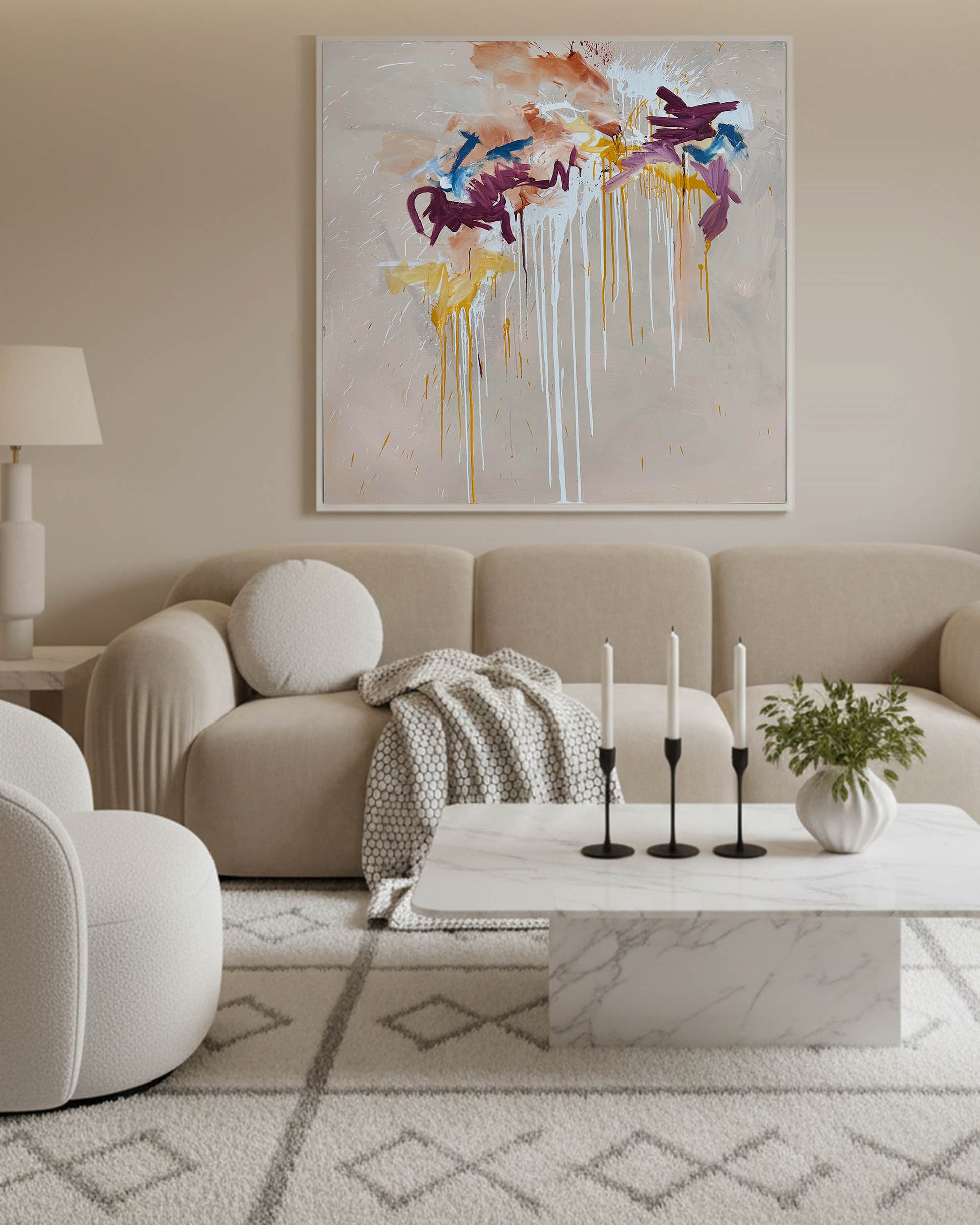 large beige minimalist abstract painting, beige aesthetic living room luxury stylish space