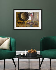 Two green chairs in a living room with a framed abstract painting on the wall.