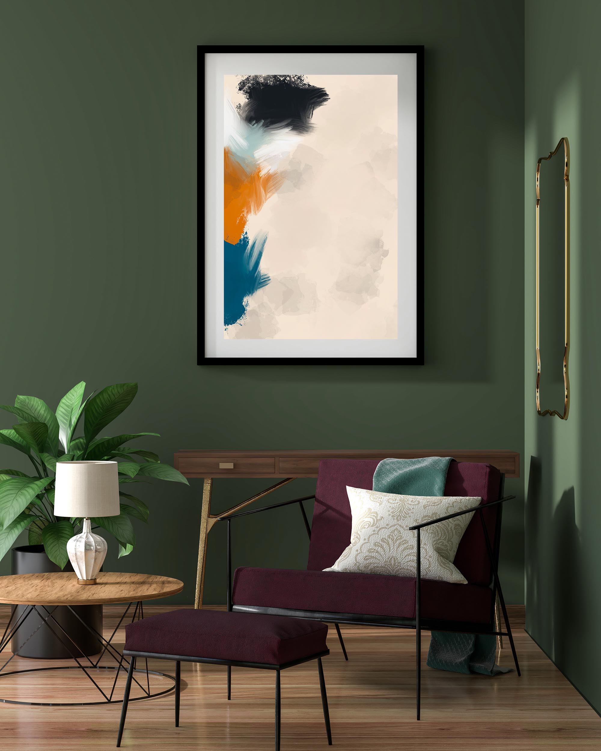 large framed abstract art in living room on a dark green wall