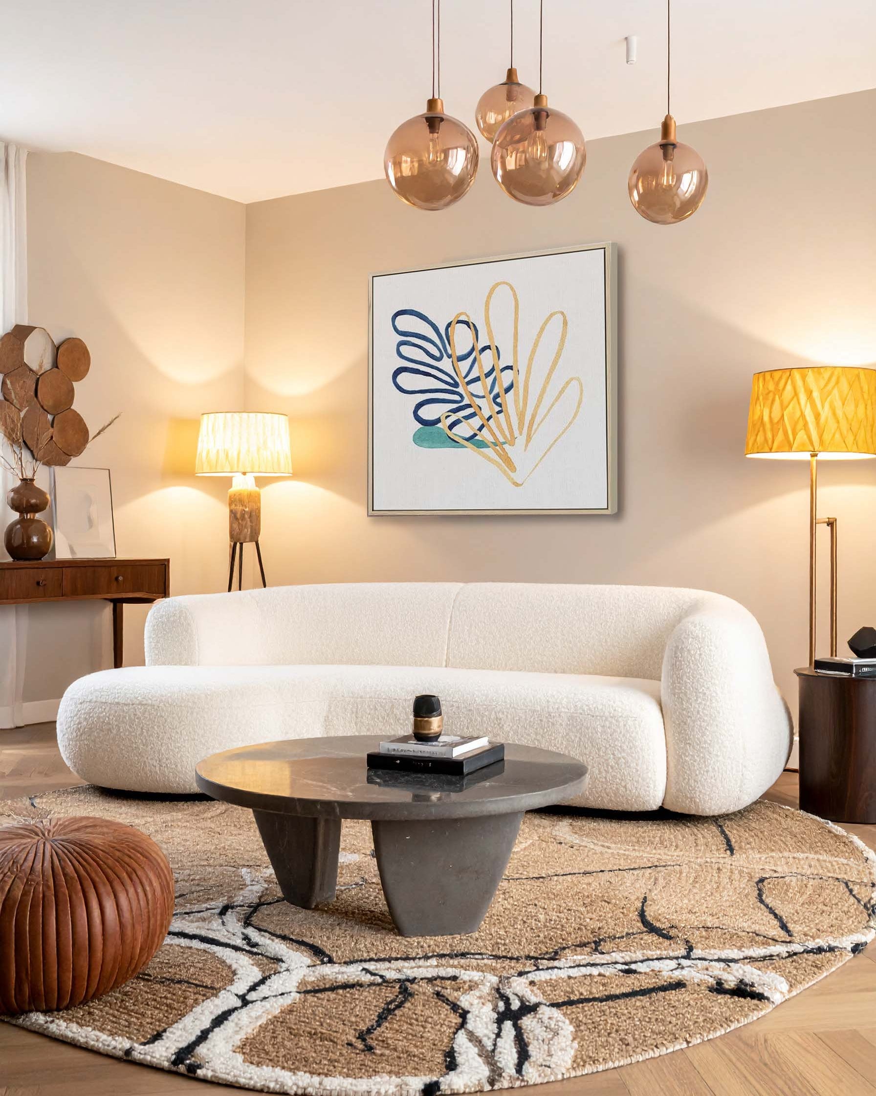 modern minimalist living room interior, with large Matisse botanical canvas art on the wall, glass ceiling lights, with marble round coffee table and brown pouffe, large jute area rug, yellow lamp.