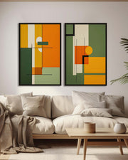 Modern living room with abstract art on the wall and a beige sofa.