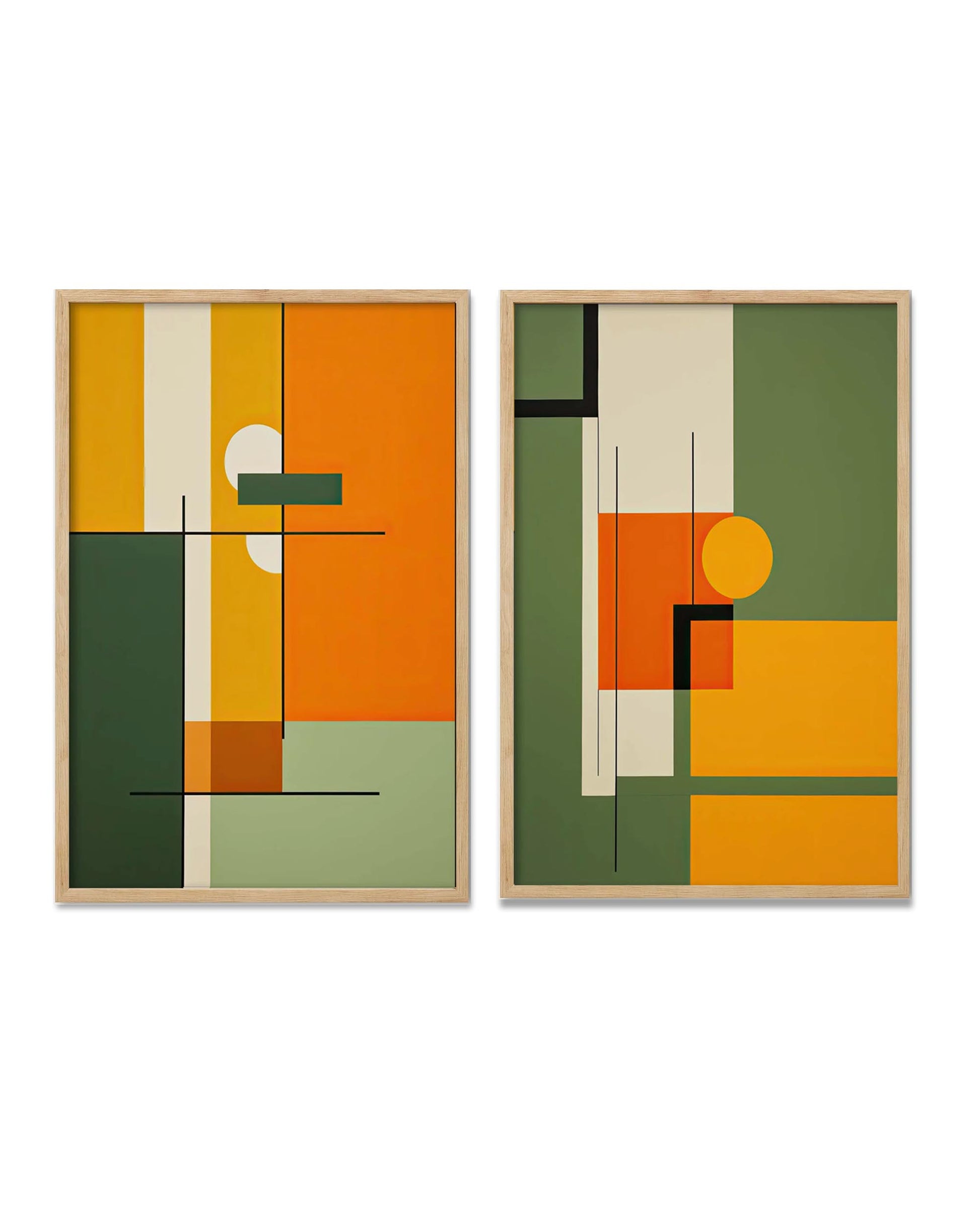 Two abstract art pieces with geometric shapes on a white background