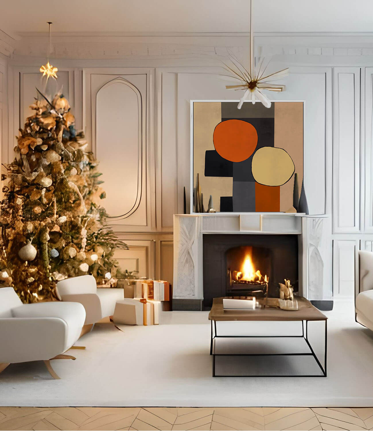 Abstract House Christmas Living room decor Christmas tree and art above fireplace