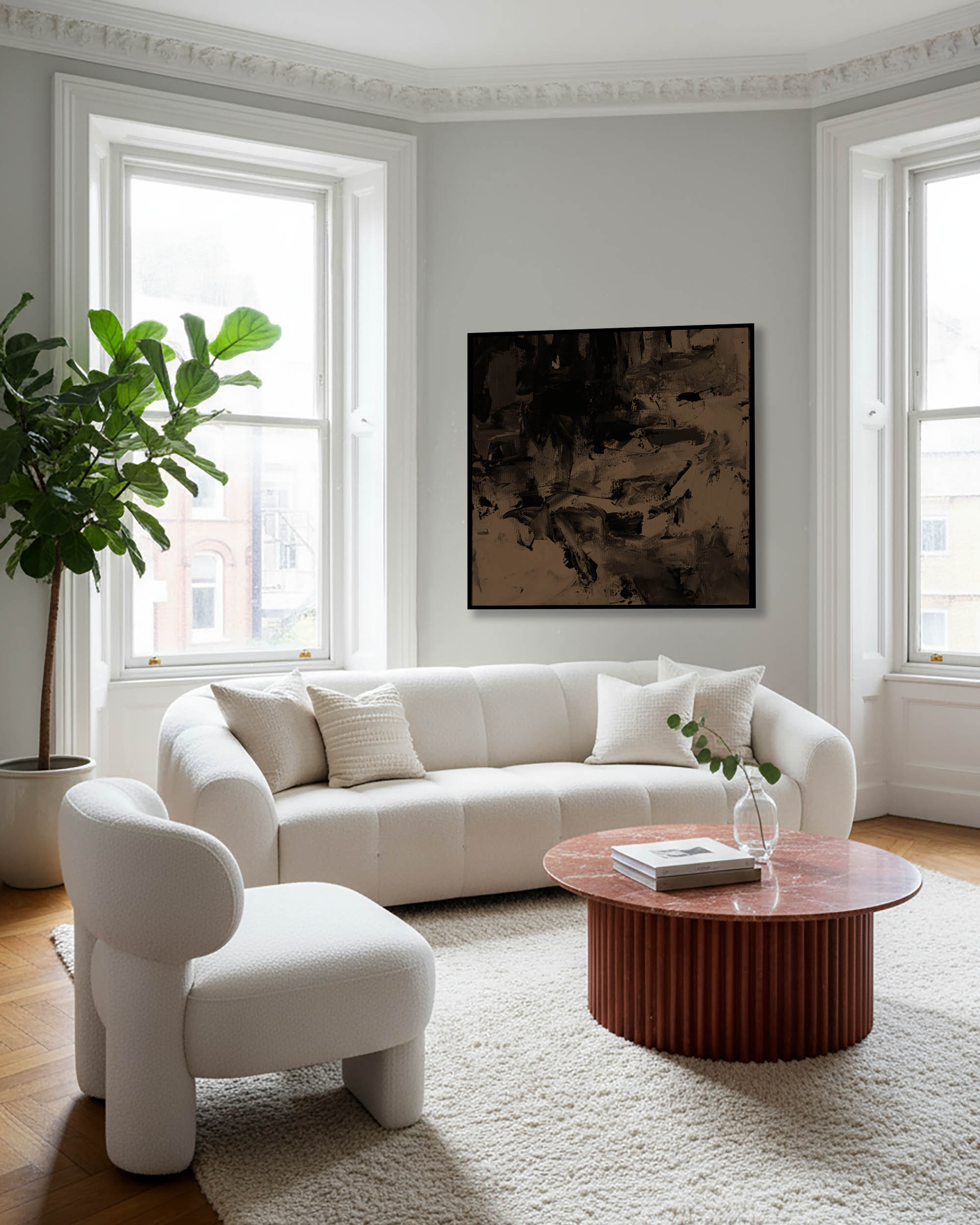 modern scandi living room nordic boucle sofa with large brown painting on wall