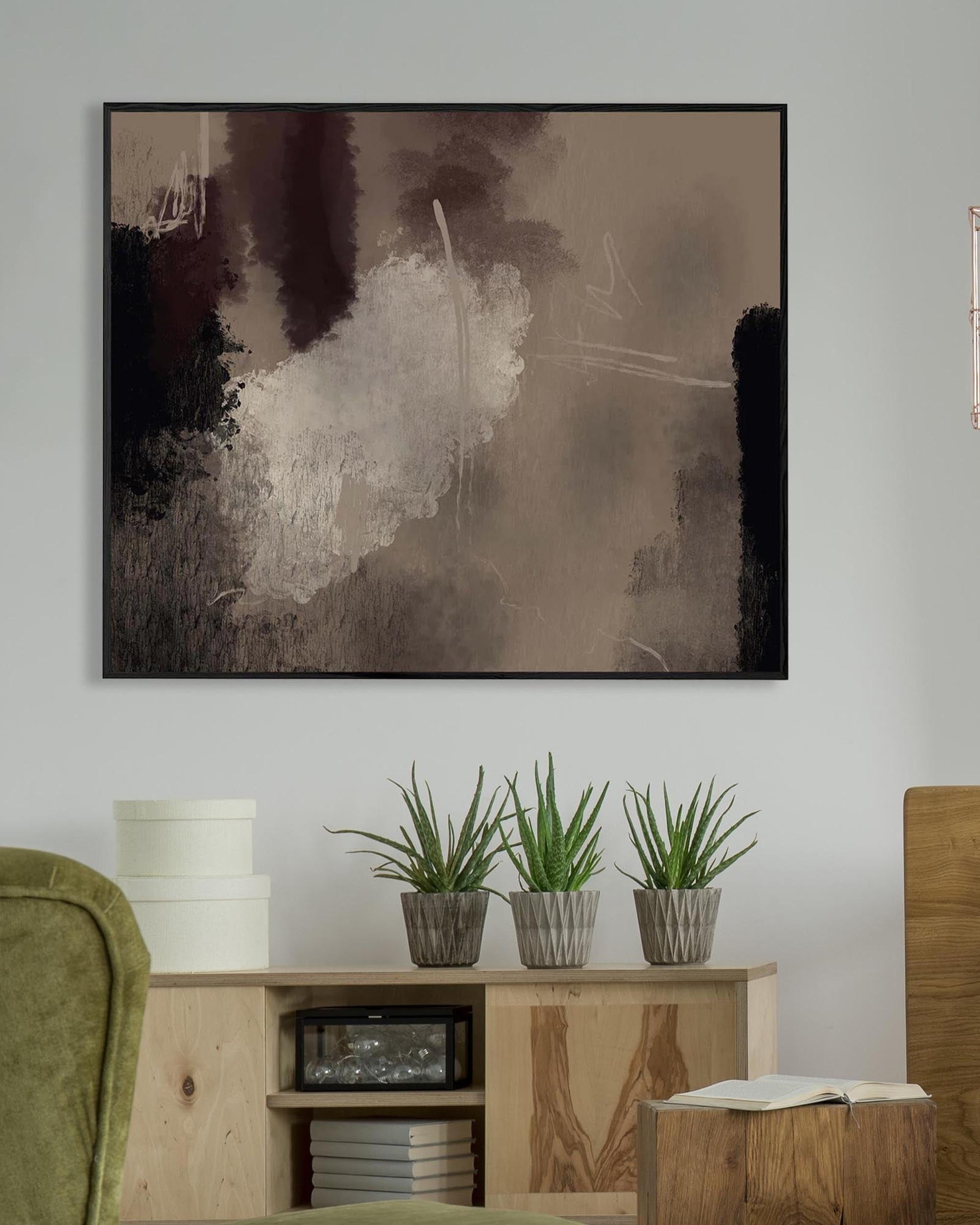 Living room with abstract painting, plants, and wooden furniture.