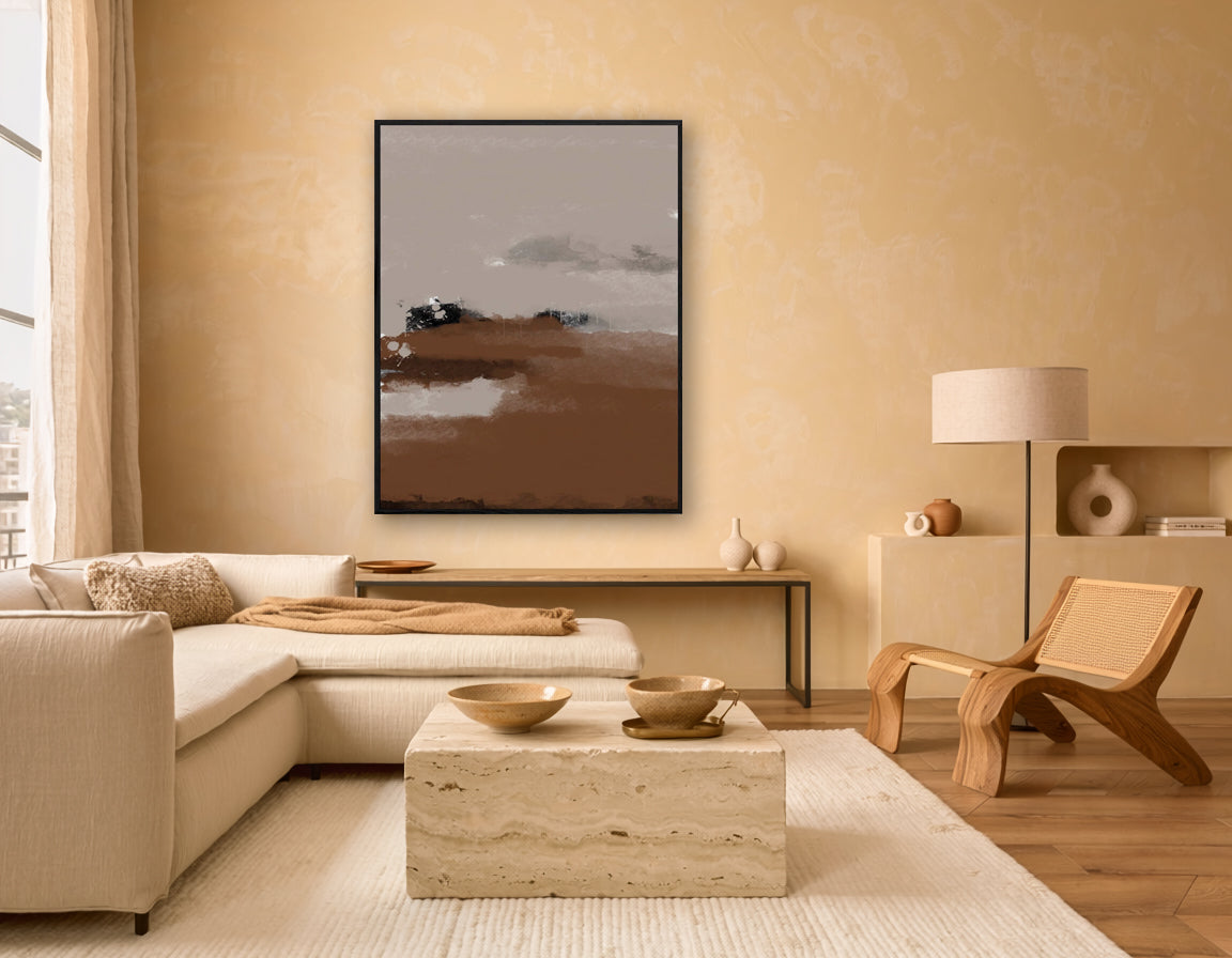 Modern living room with beige walls, a sectional sofa, coffee table, and decorative items.