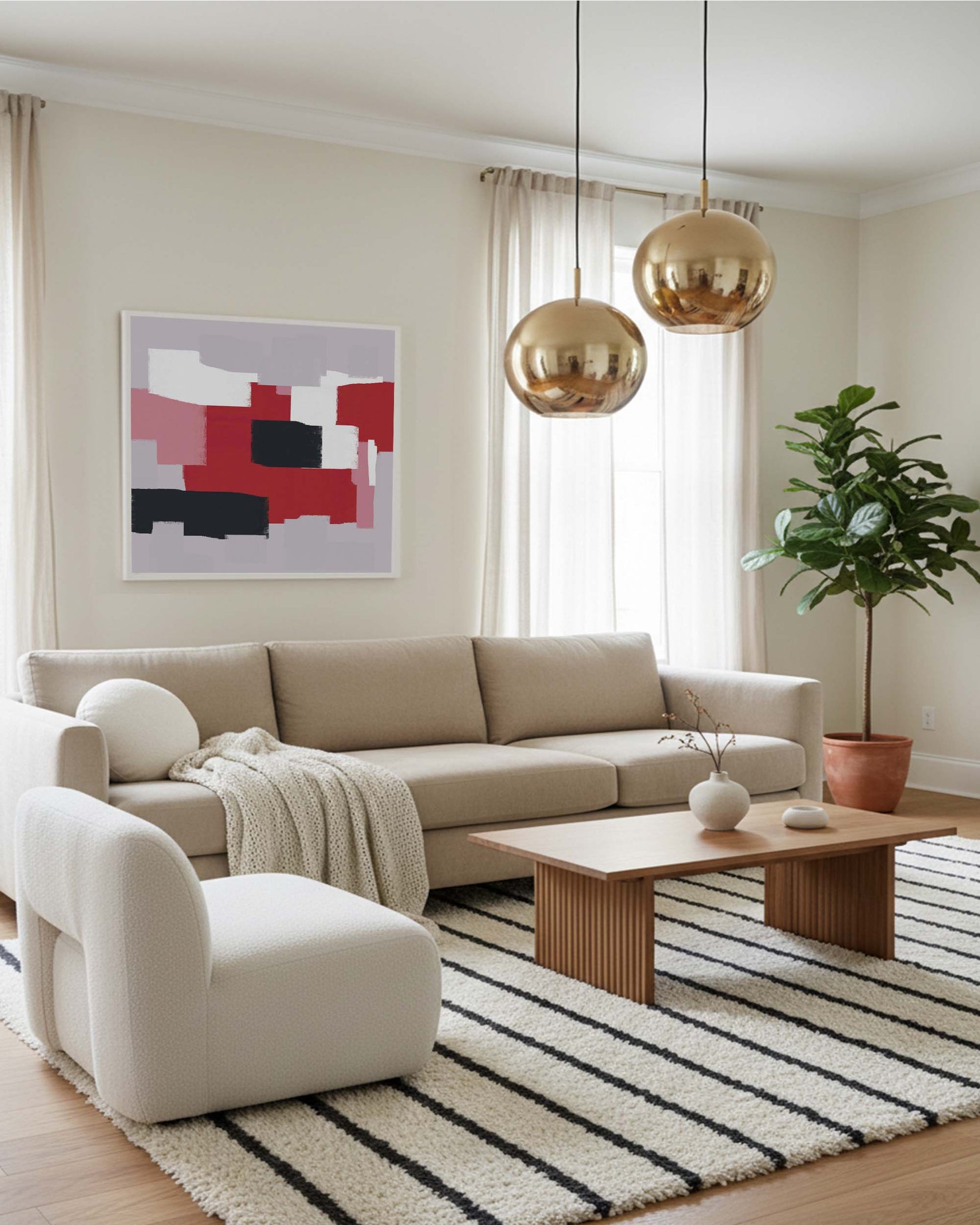 Modern living room with beige sectional sofa, coffee table, and abstract art on wall.