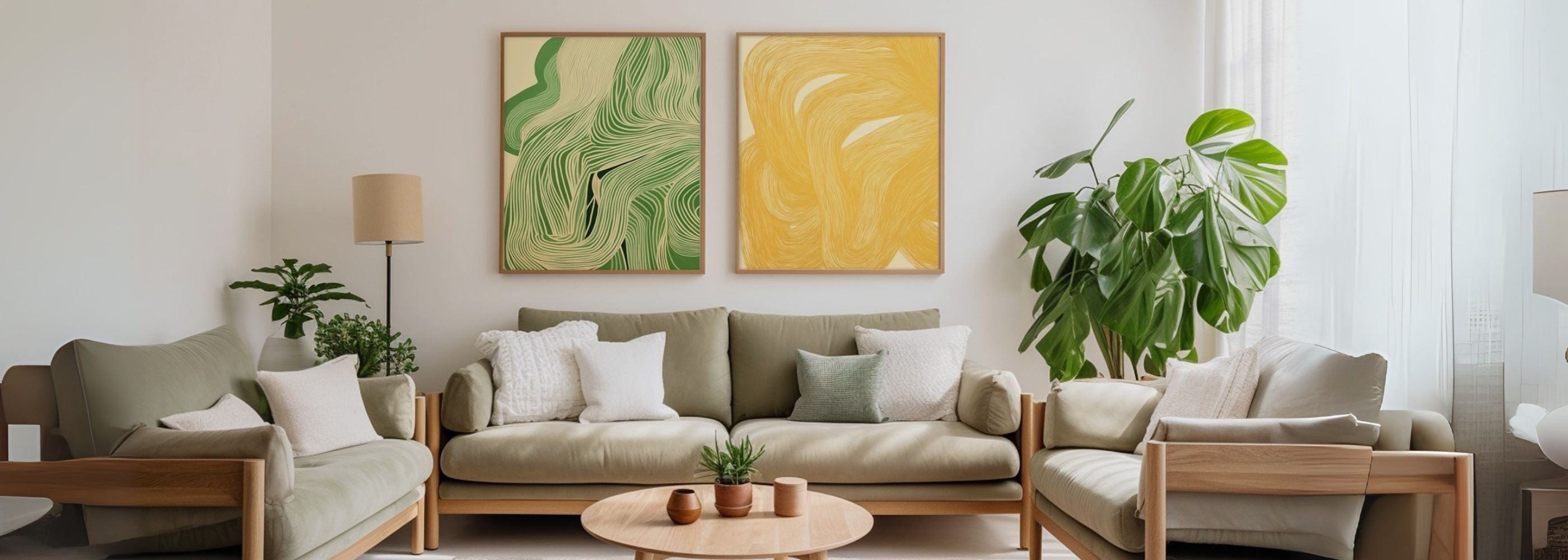 Modern living room with a beige sofa, wooden coffee table, and large modern abstract paintings on the wall.