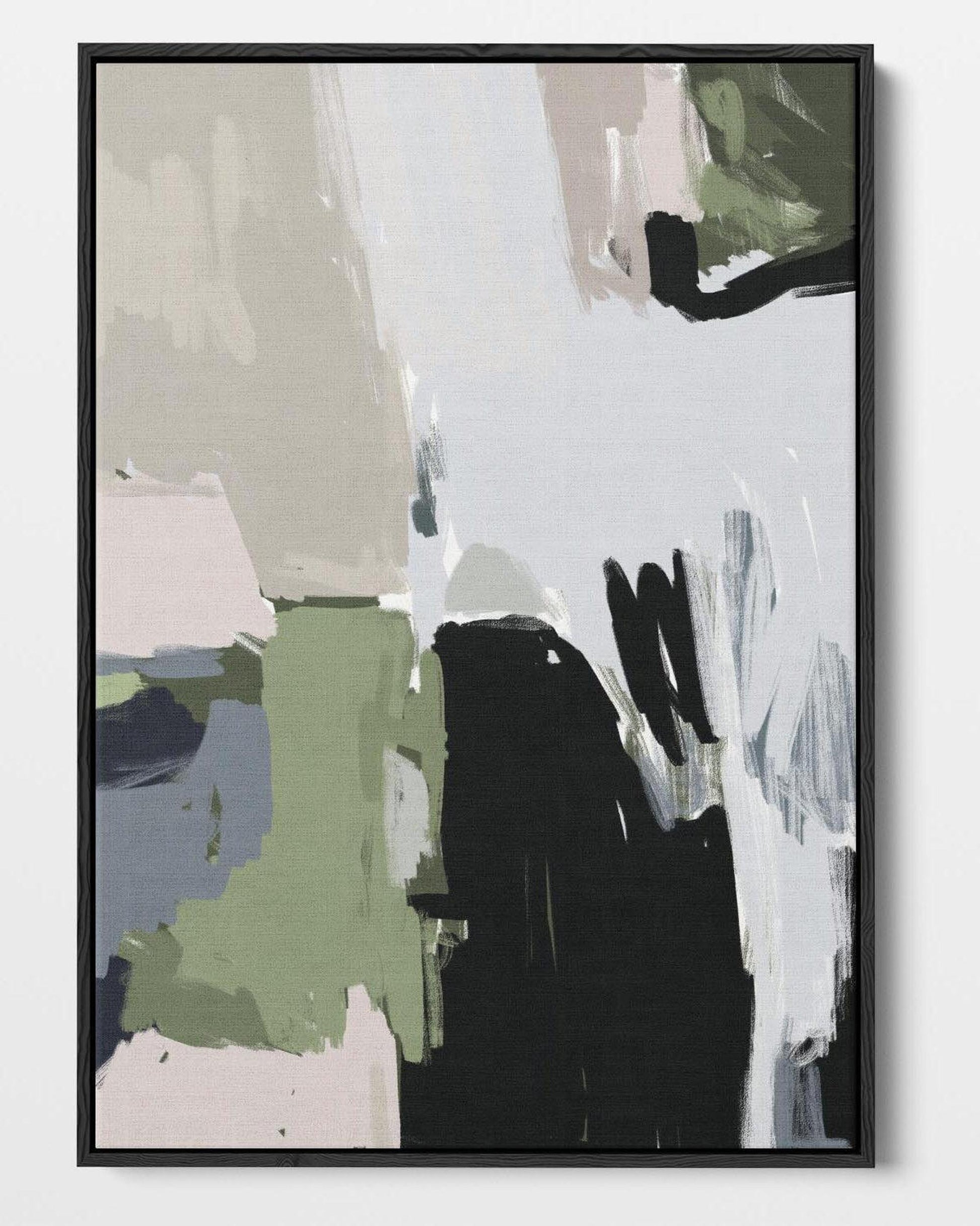 Abstract art print with black, green, and white colors in a black frame.