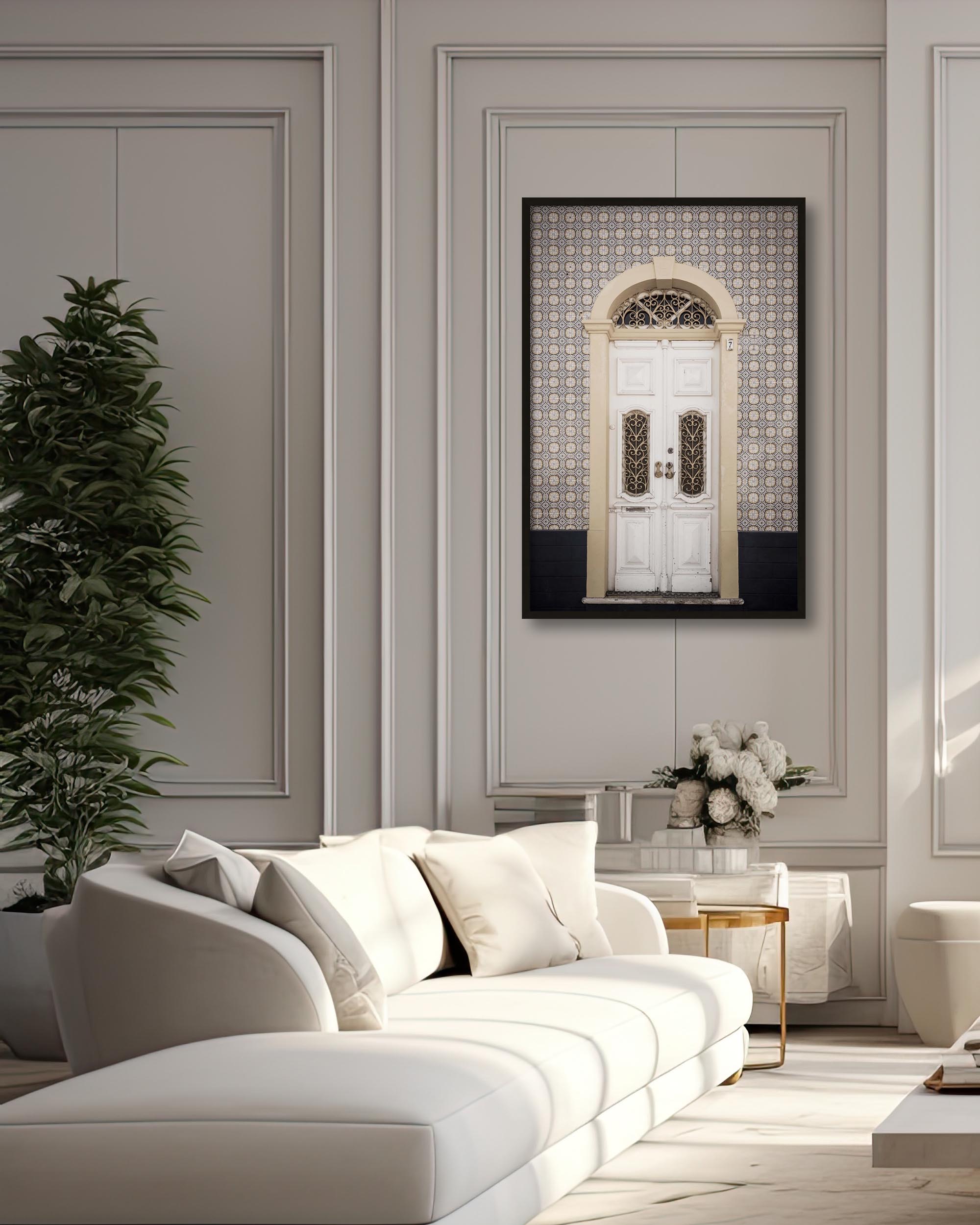 large travel poster, affordable art print of door photography in modern white timeless beige living room 