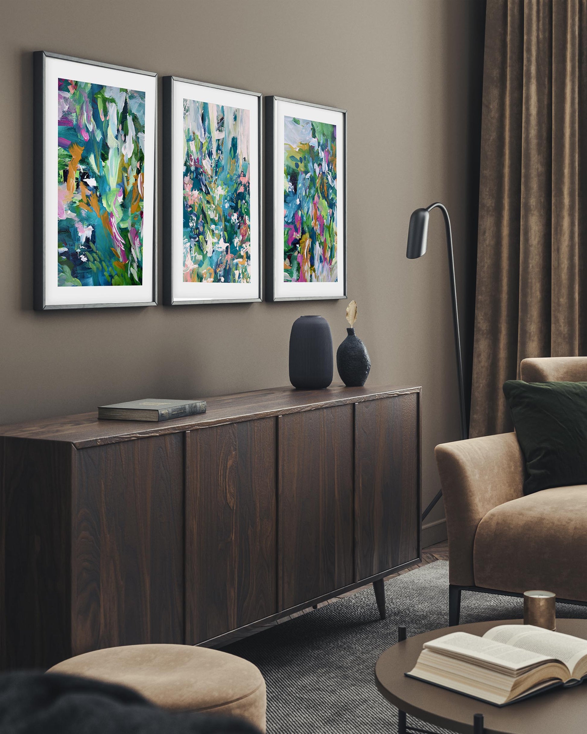 extra large abstract art prints, framed and mounted pictures for timeless living room interior above sideboard.