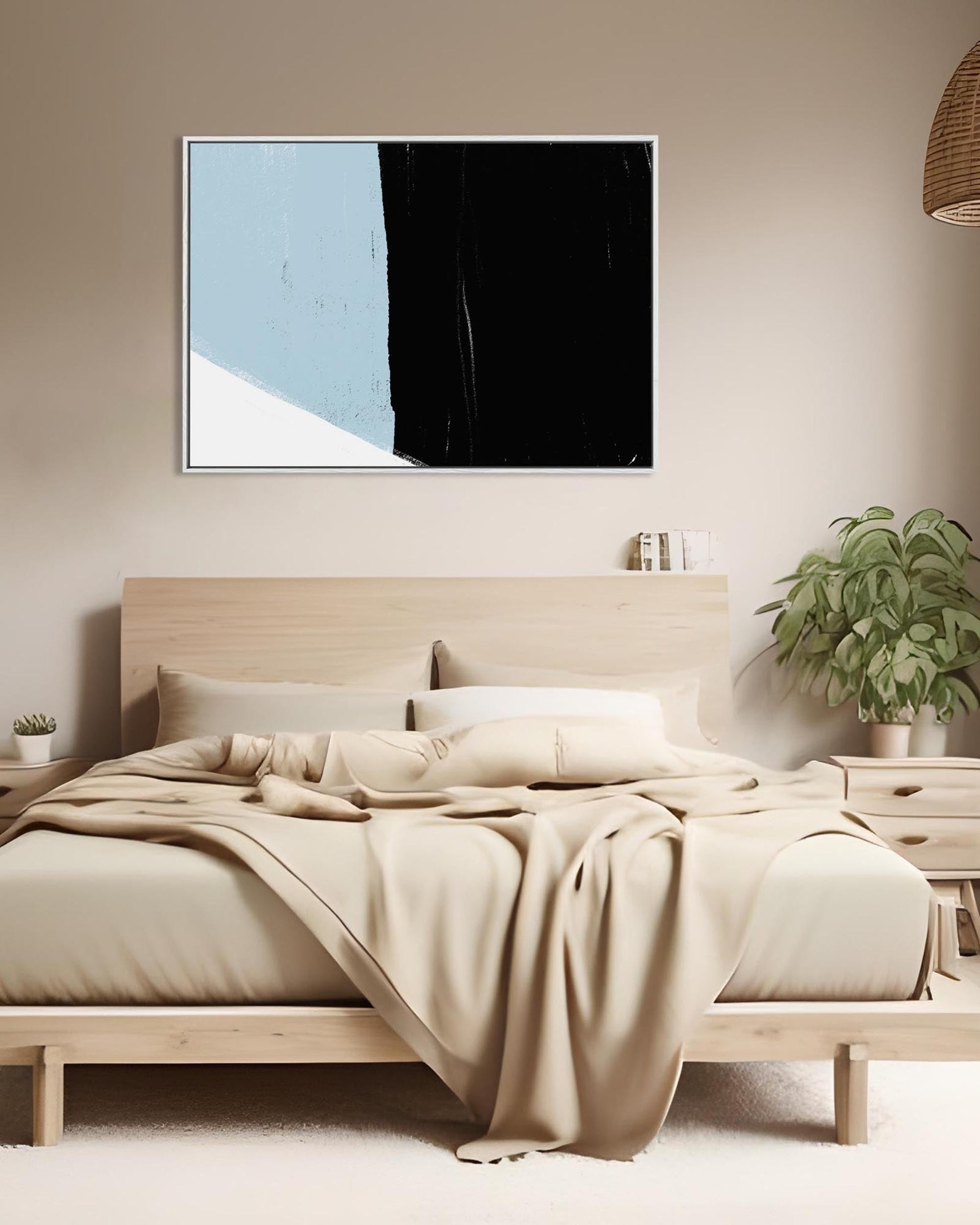 Modern bedroom with wooden bed, abstract art, and plants