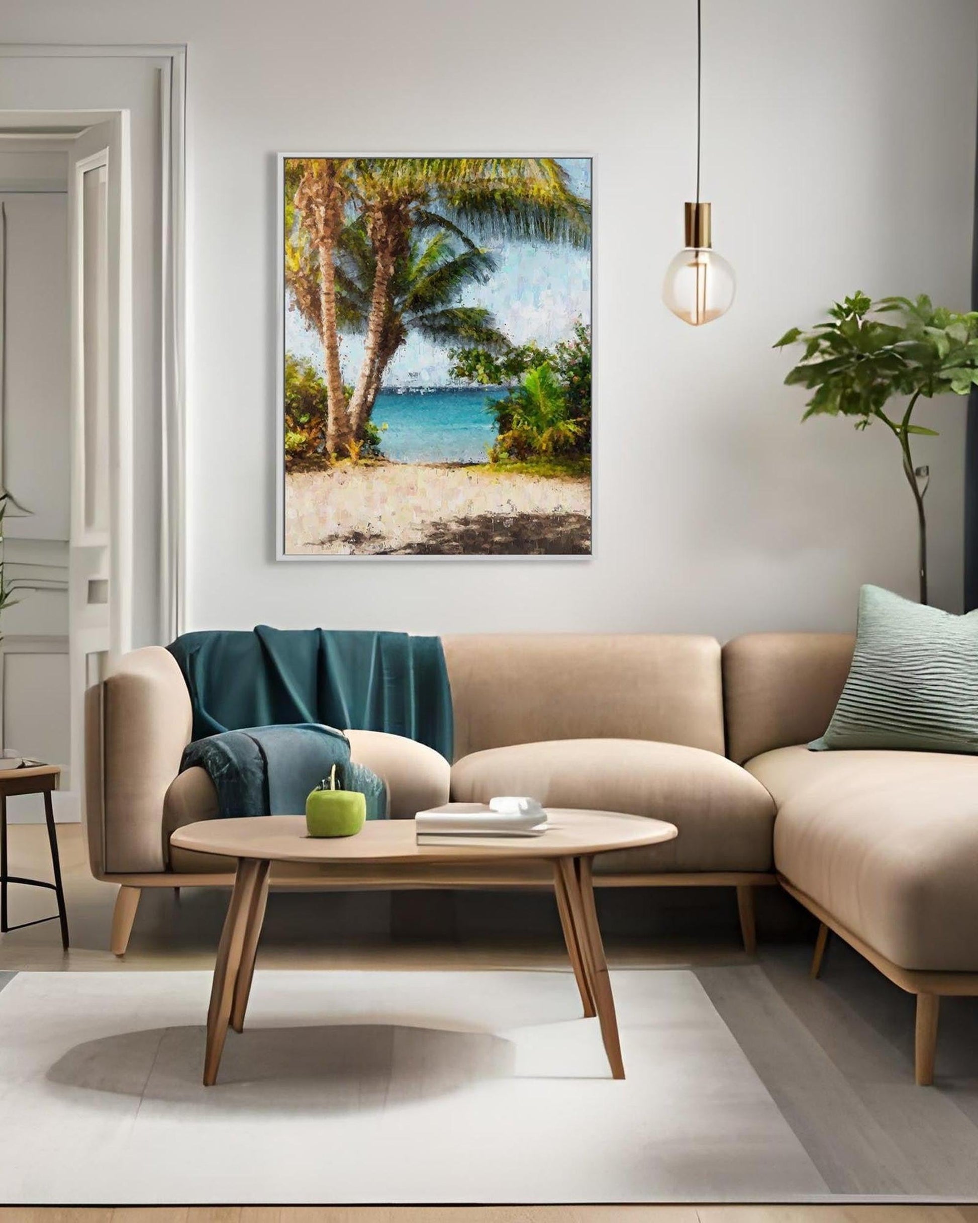 Modern living room with beige sectional sofa, wooden coffee table, and beach scene artwork on wall.