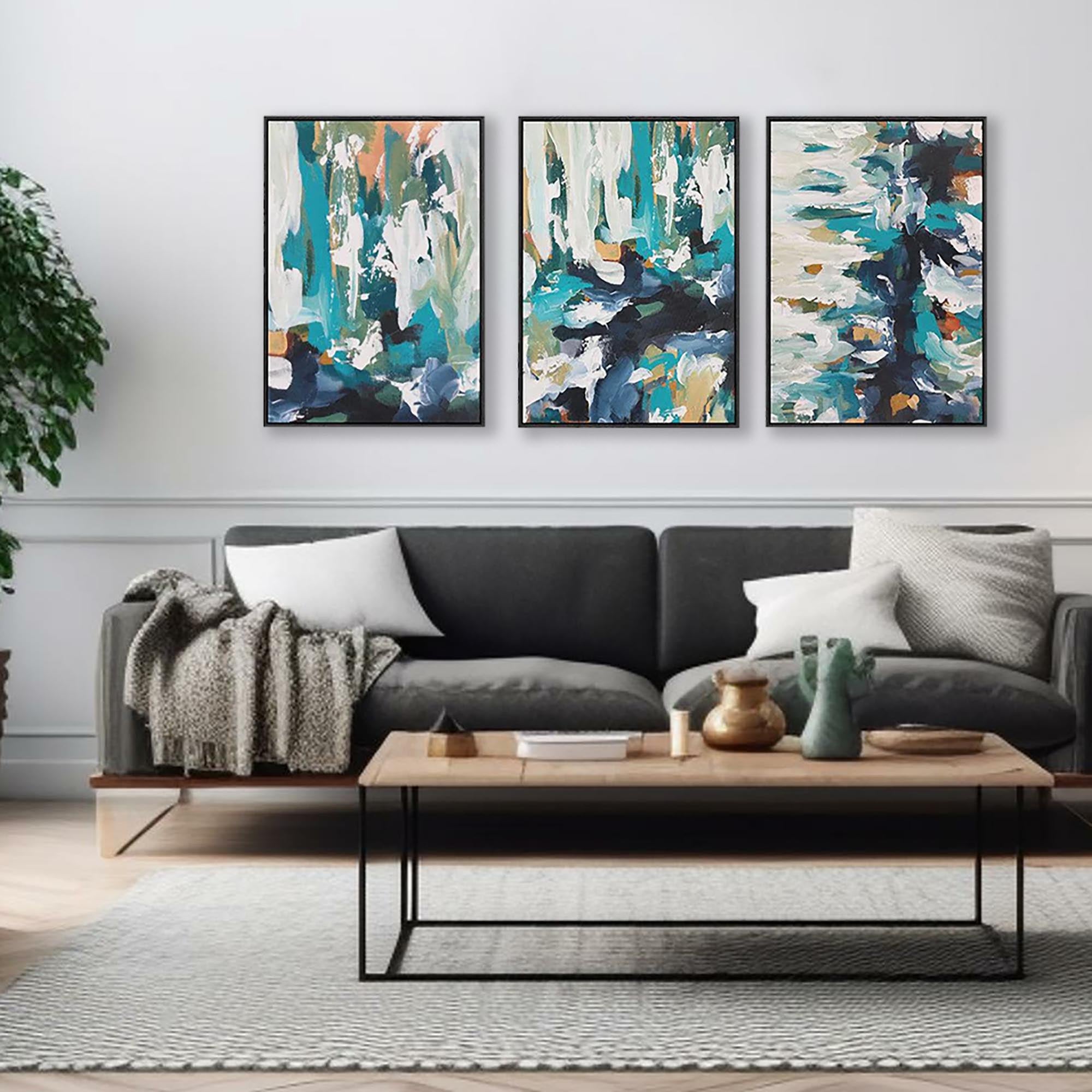 Modern Teal Abstract Canvas Set Of 3-Abstract House